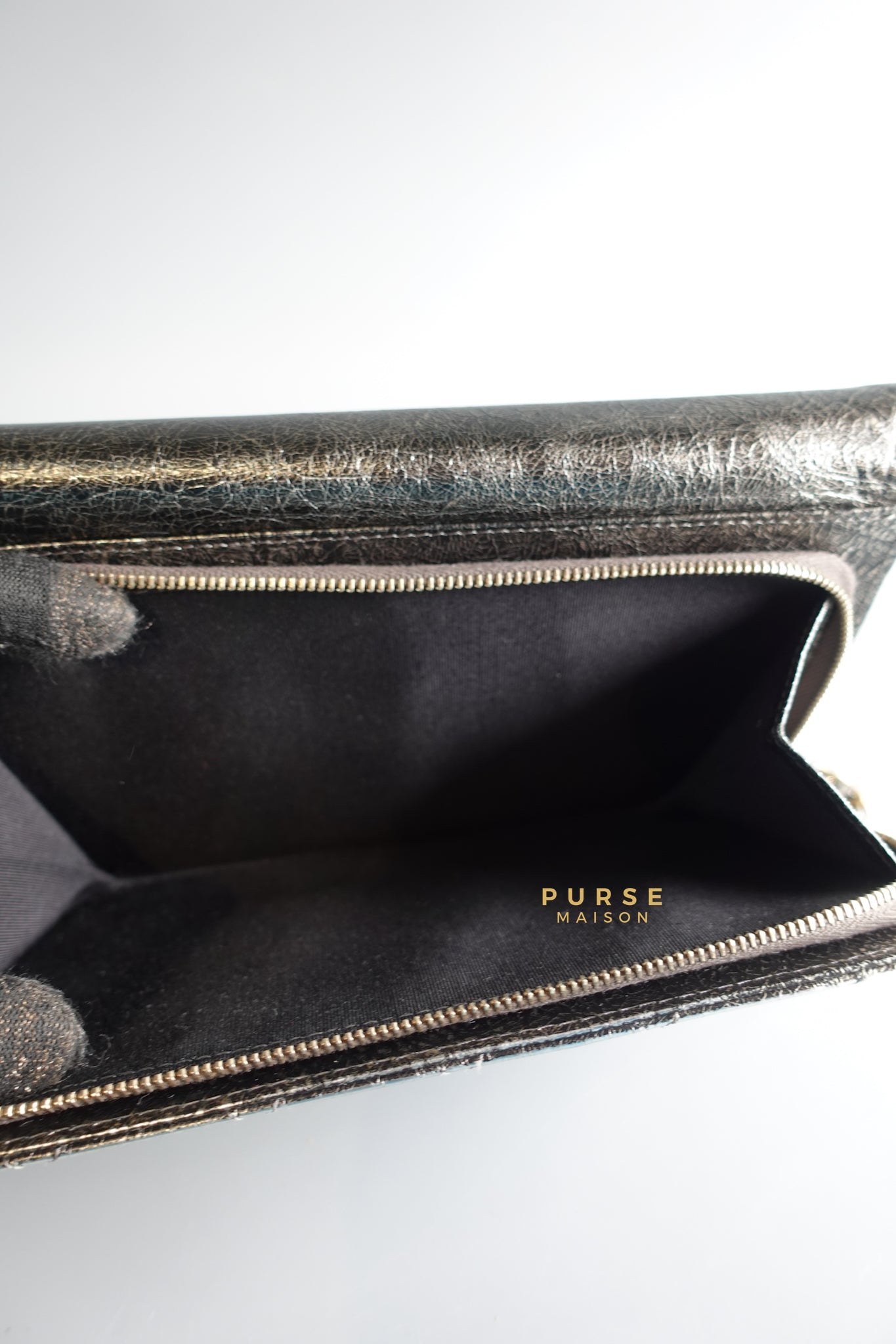 Zip Away Clutch on Chain in Metallic Gray Cracked Calfskin Leather & Aged Gold Hardware Series 24 | Purse Maison Luxury Bags Shop