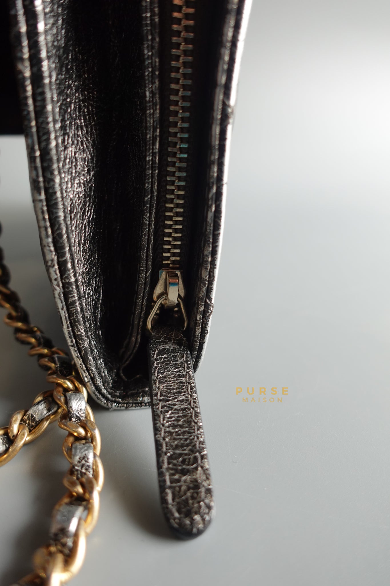 Zip Away Clutch on Chain in Metallic Gray Cracked Calfskin Leather & Aged Gold Hardware Series 24 | Purse Maison Luxury Bags Shop