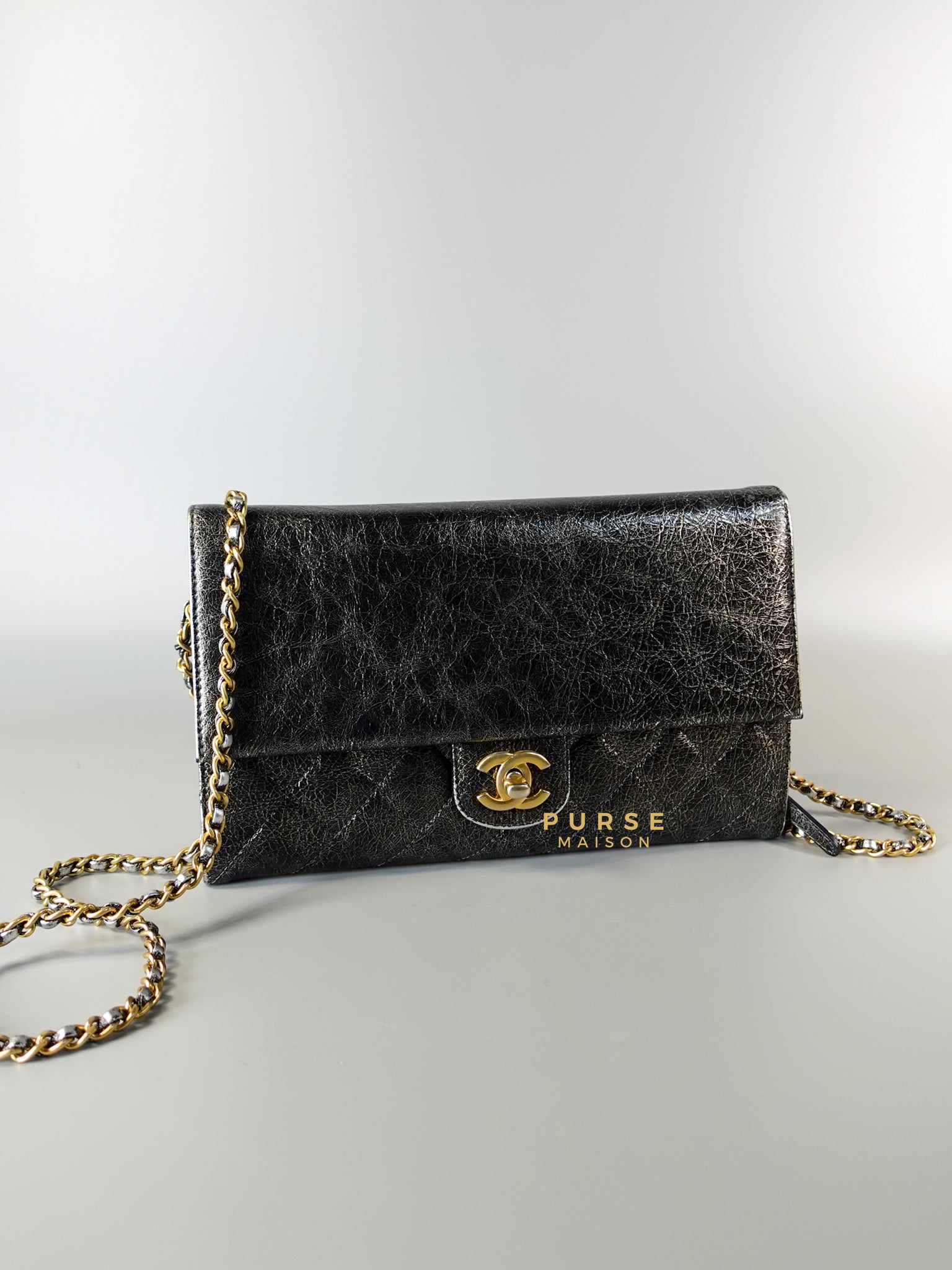 Zip Away Clutch on Chain in Metallic Gray Cracked Calfskin Leather & Aged Gold Hardware Series 24 | Purse Maison Luxury Bags Shop