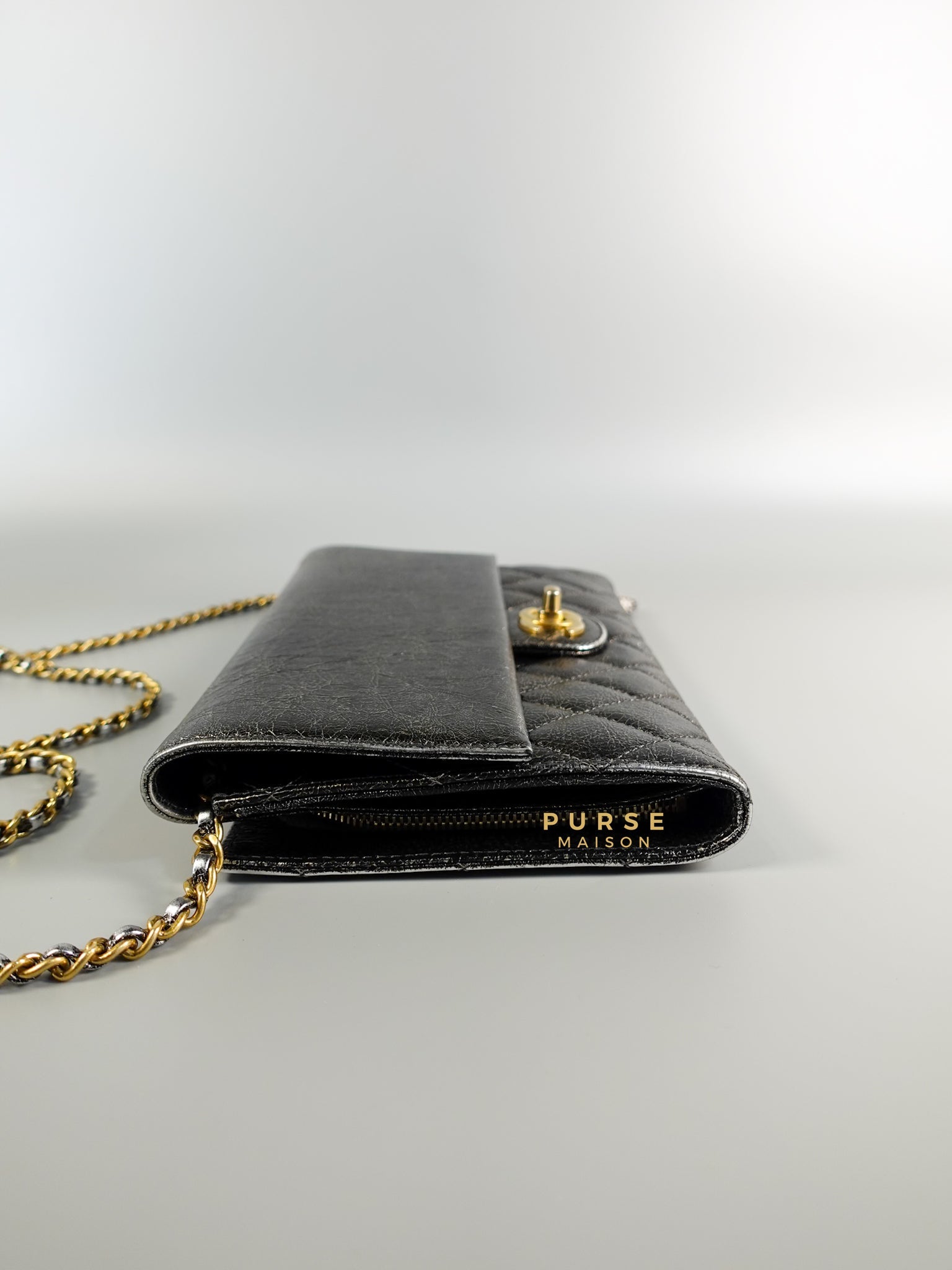 Zip Away Clutch on Chain in Metallic Gray Cracked Calfskin Leather & Aged Gold Hardware Series 24 | Purse Maison Luxury Bags Shop