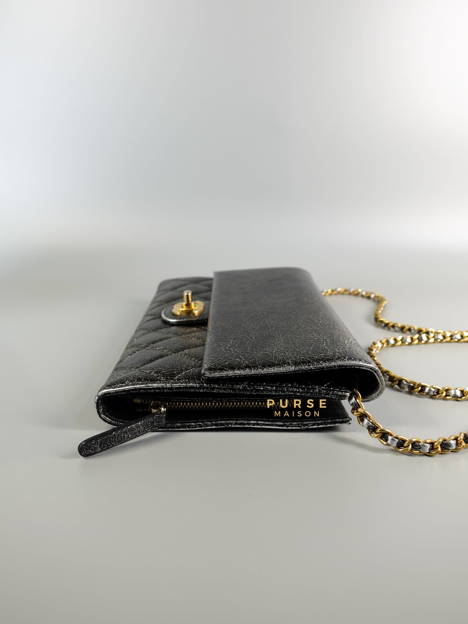 Zip Away Clutch on Chain in Metallic Gray Cracked Calfskin Leather & Aged Gold Hardware Series 24 | Purse Maison Luxury Bags Shop