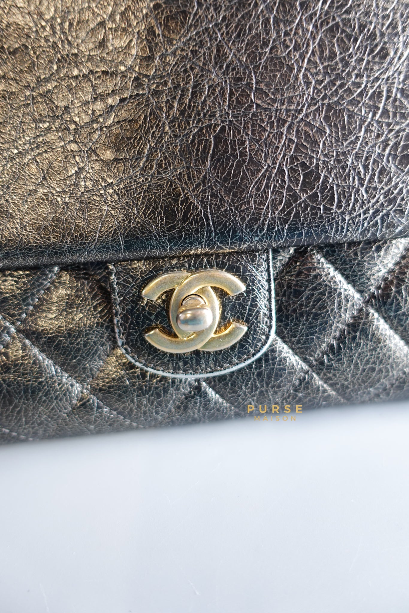 Zip Away Clutch on Chain in Metallic Gray Cracked Calfskin Leather & Aged Gold Hardware Series 24 | Purse Maison Luxury Bags Shop