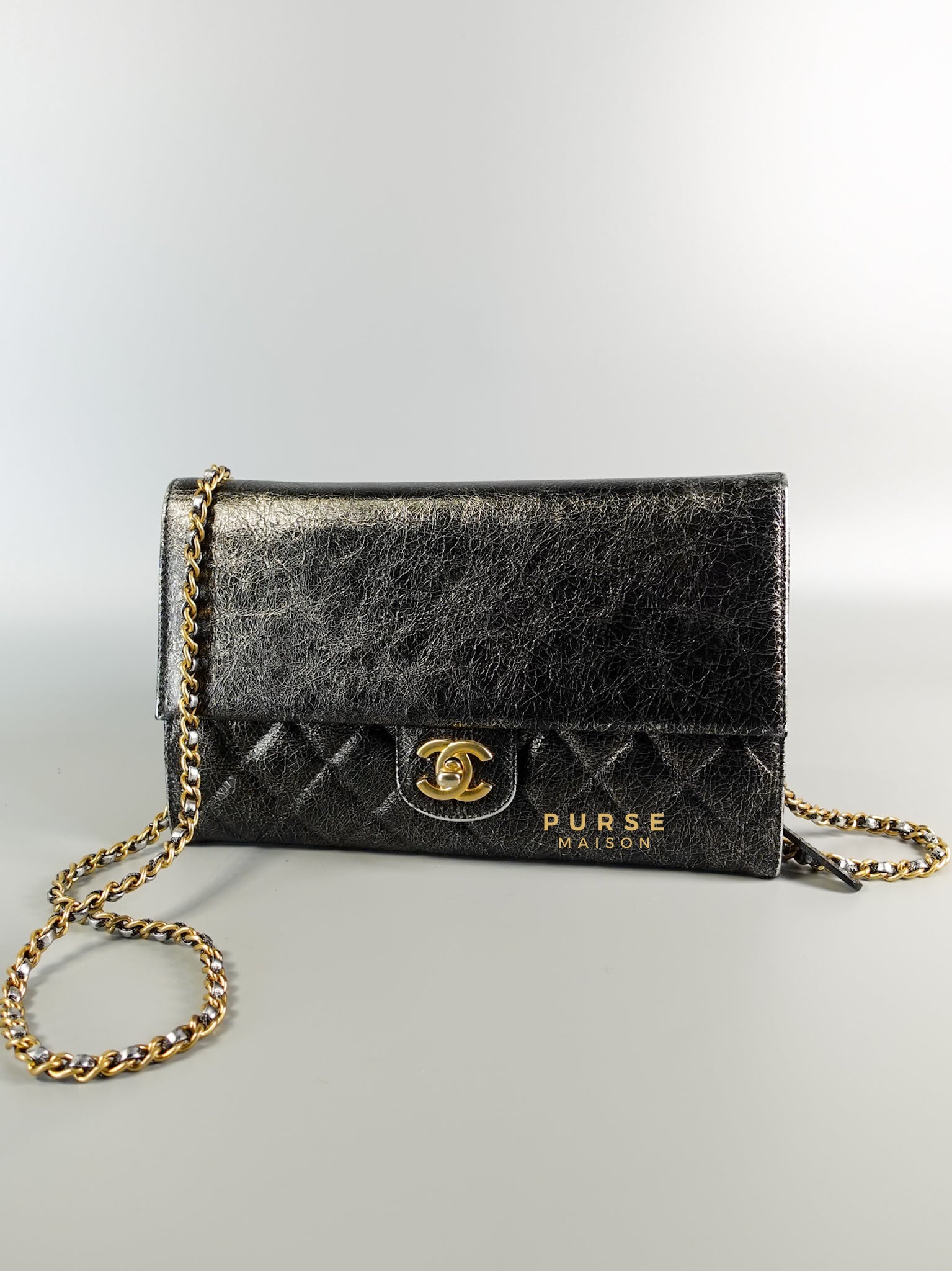 Zip Away Clutch on Chain in Metallic Gray Cracked Calfskin Leather & Aged Gold Hardware Series 24 | Purse Maison Luxury Bags Shop