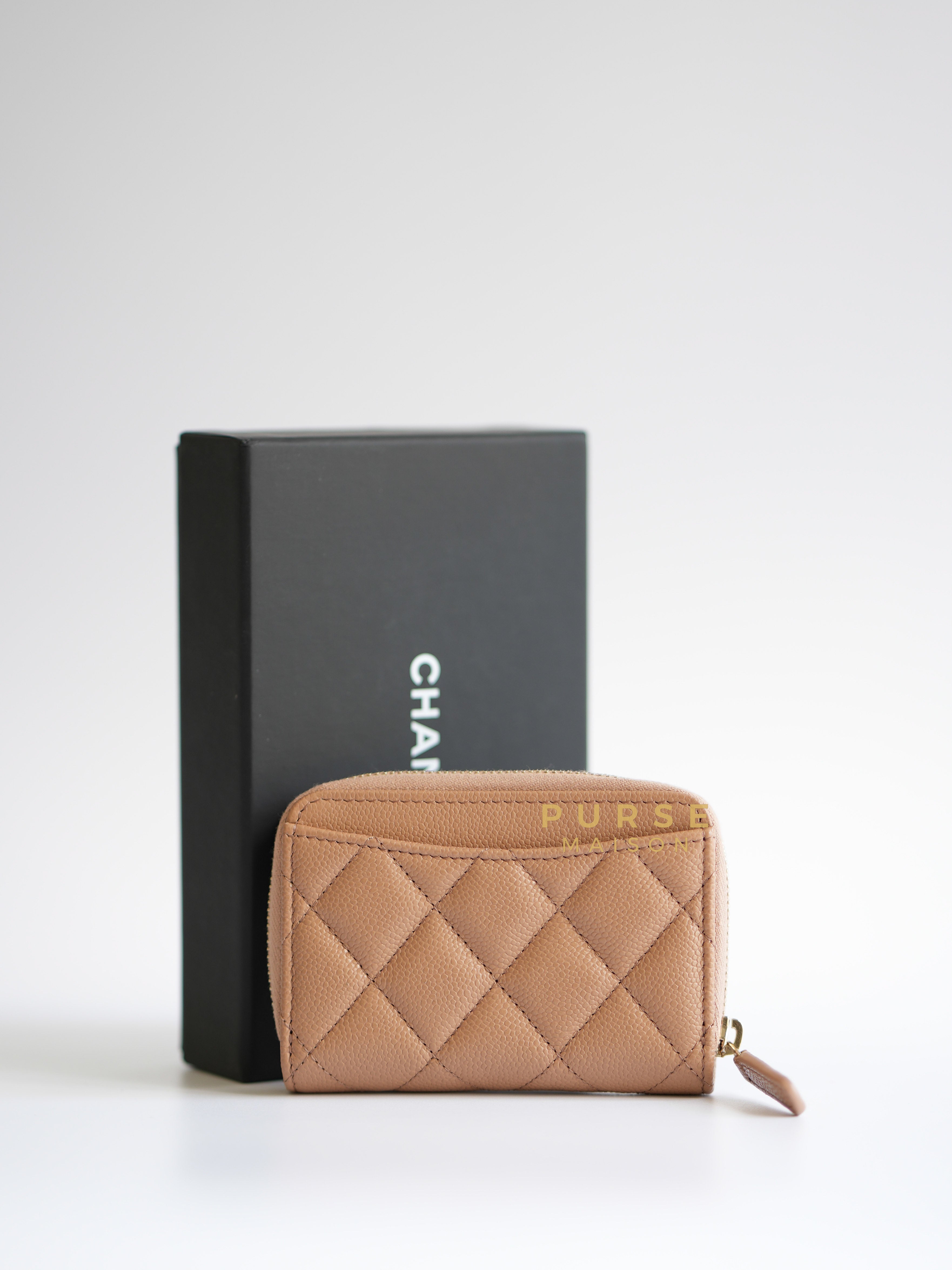Zip Card Holder Wallet in Dark Beige Caviar and Light Gold Hardware (Microchip) | Purse Maison Luxury Bags Shop
