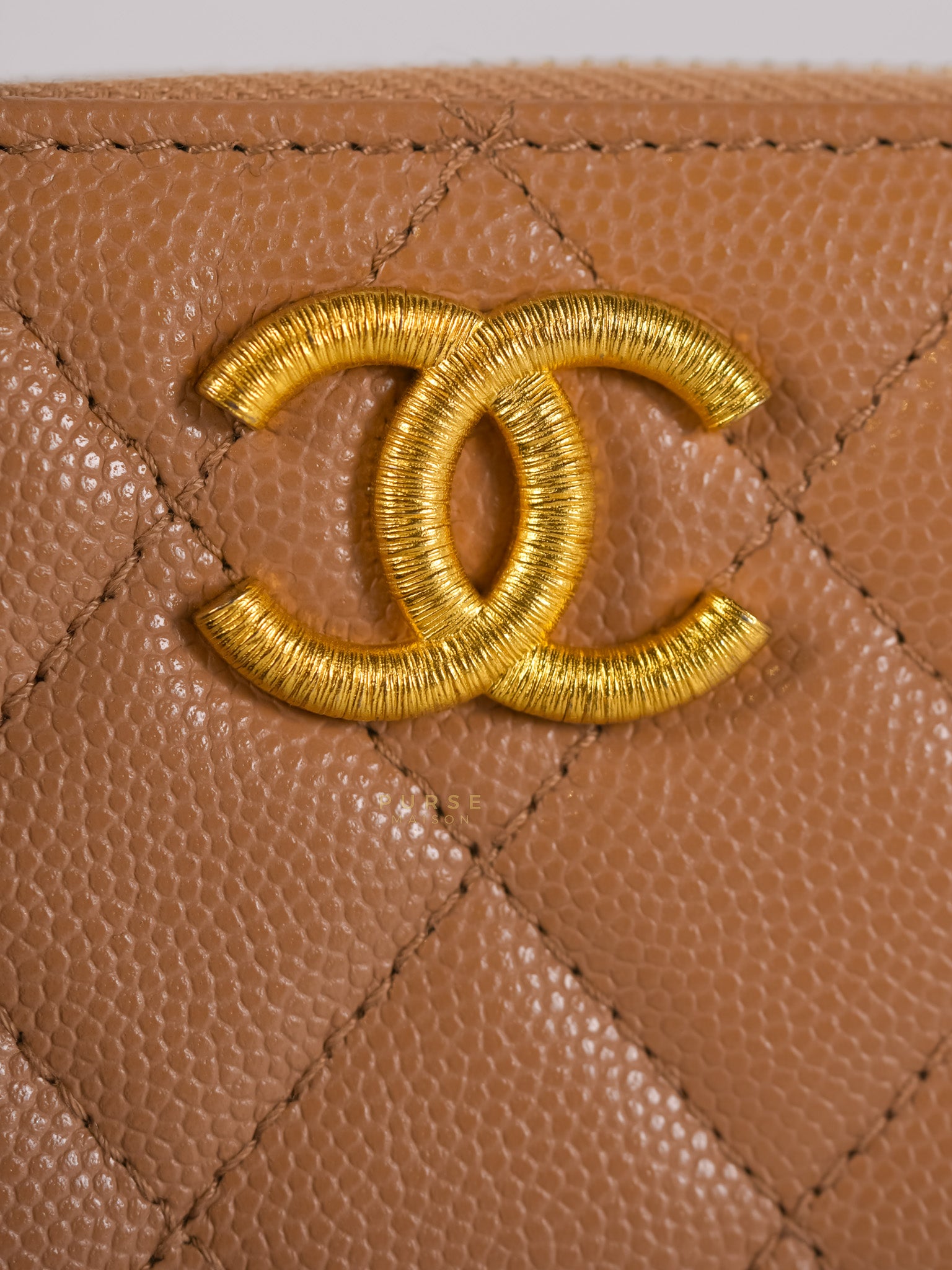 Zip Coin Purse Beige Quilted Caviar Leather Gold Hardware (Microchip) | Purse Maison Luxury Bags Shop