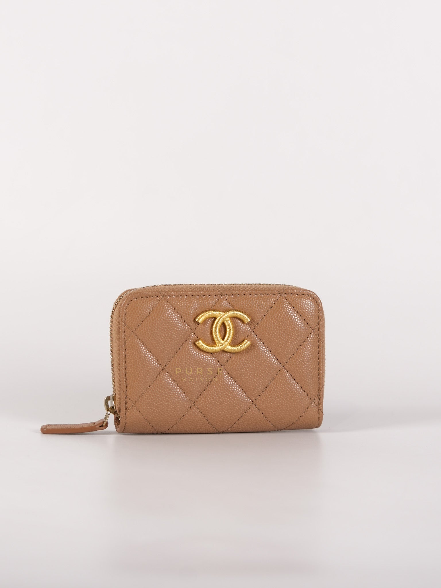 Zip Coin Purse Beige Quilted Caviar Leather Gold Hardware (Microchip) | Purse Maison Luxury Bags Shop