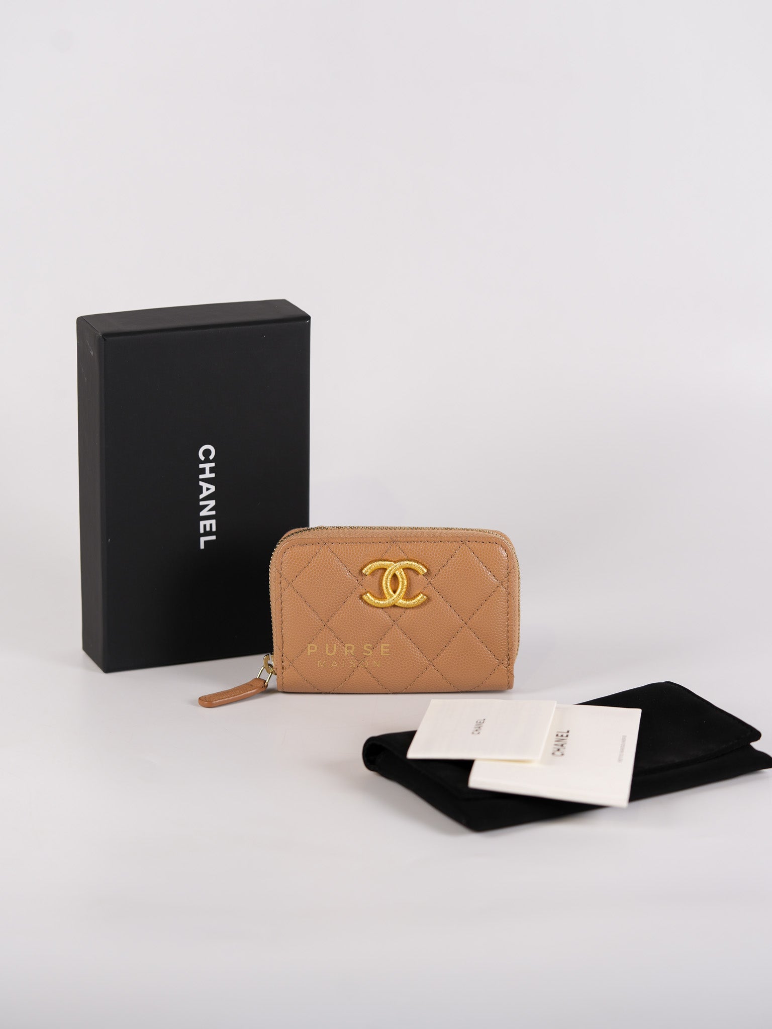 Zip Coin Purse Beige Quilted Caviar Leather Gold Hardware (Microchip) | Purse Maison Luxury Bags Shop