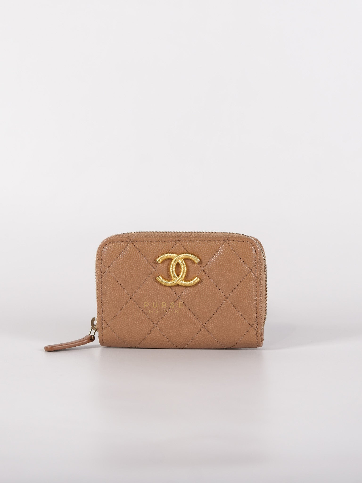 Zip Coin Purse Beige Quilted Caviar Leather Gold Hardware (Microchip) | Purse Maison Luxury Bags Shop
