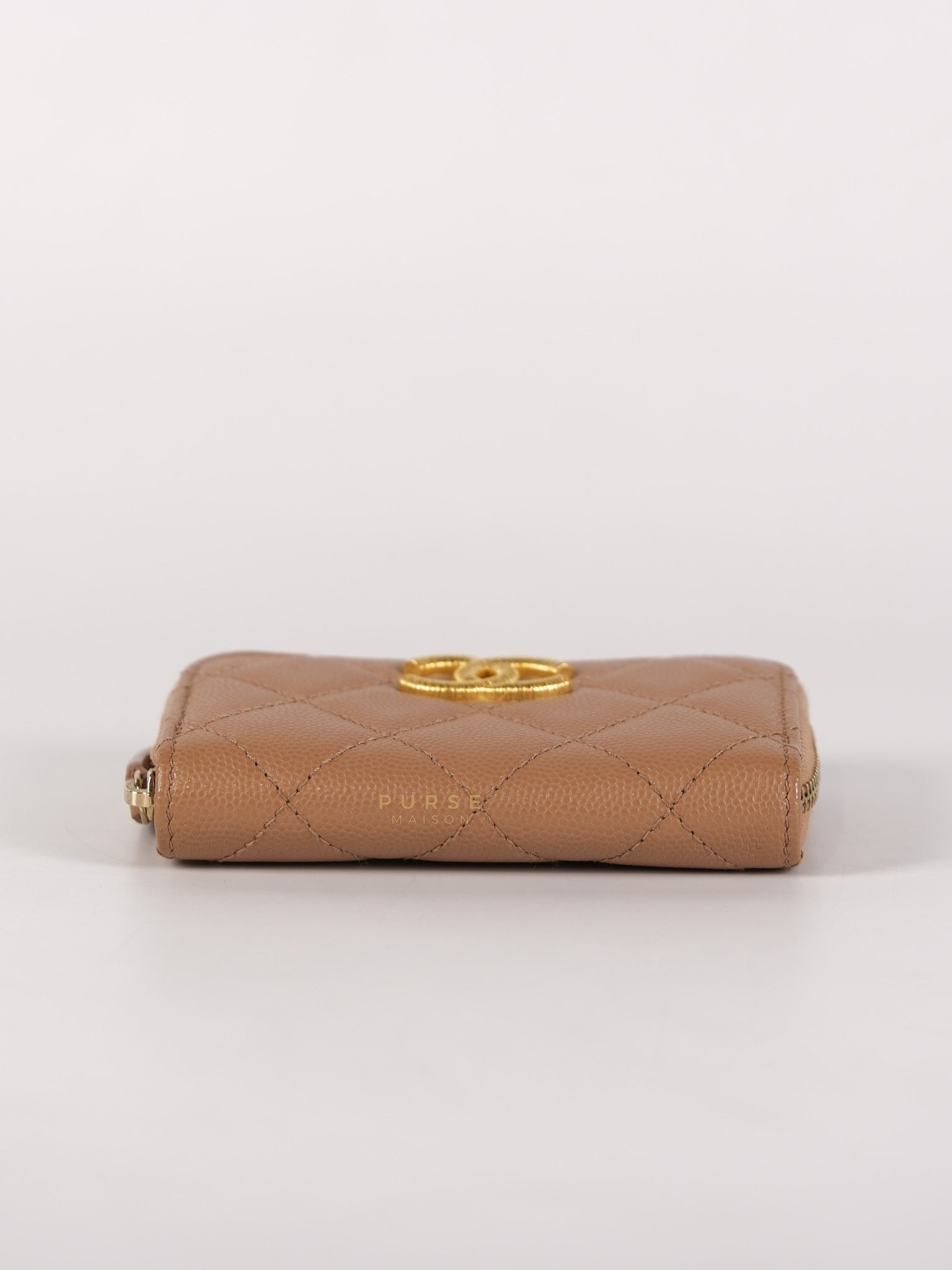 Zip Coin Purse Beige Quilted Caviar Leather Gold Hardware (Microchip) | Purse Maison Luxury Bags Shop