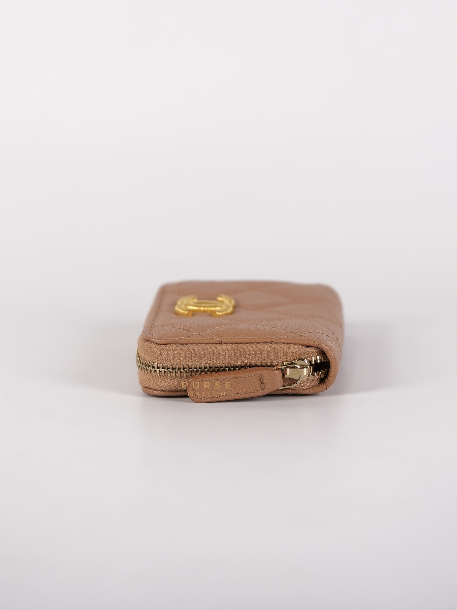 Zip Coin Purse Beige Quilted Caviar Leather Gold Hardware (Microchip) | Purse Maison Luxury Bags Shop