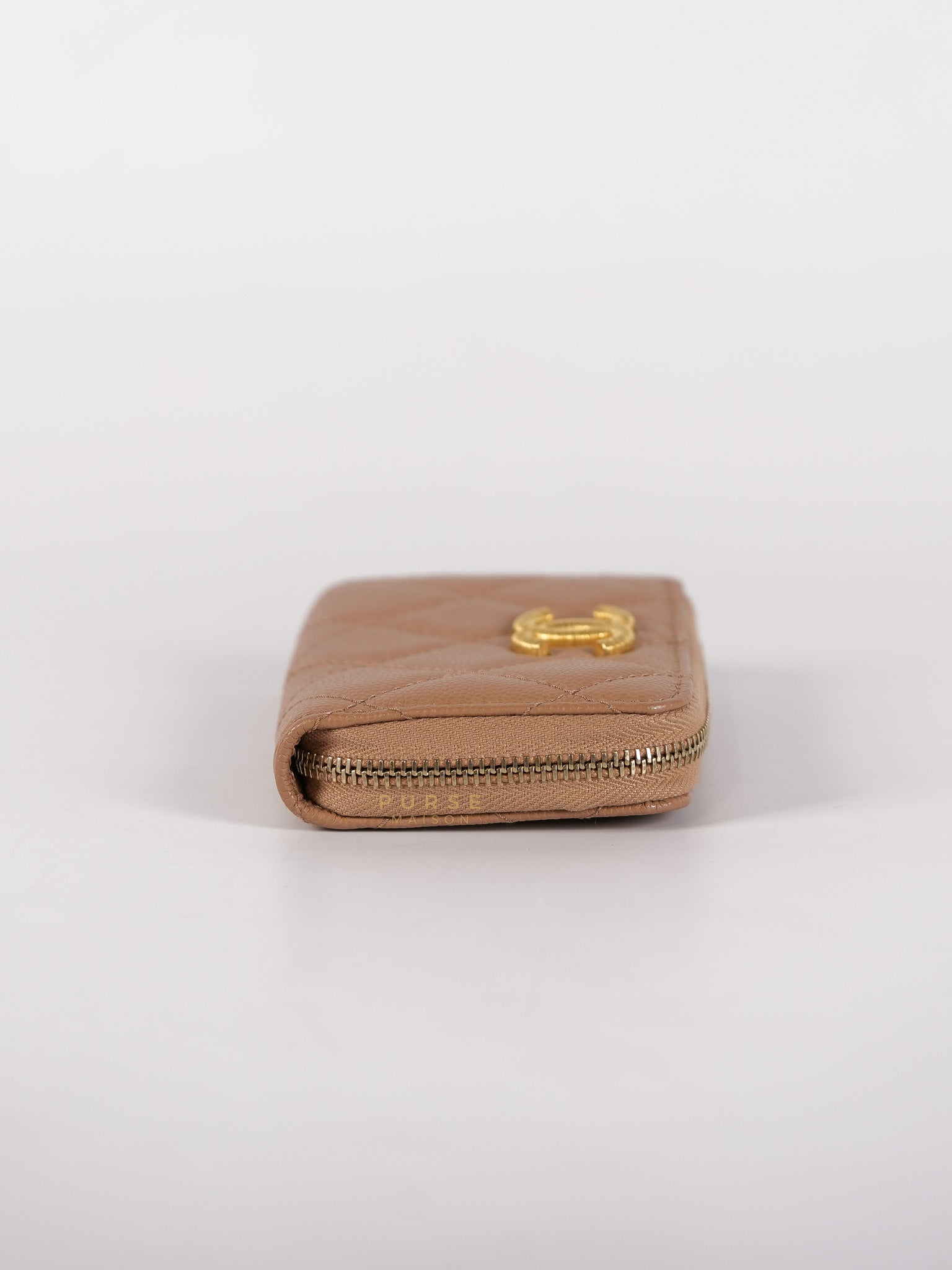 Zip Coin Purse Beige Quilted Caviar Leather Gold Hardware (Microchip) | Purse Maison Luxury Bags Shop