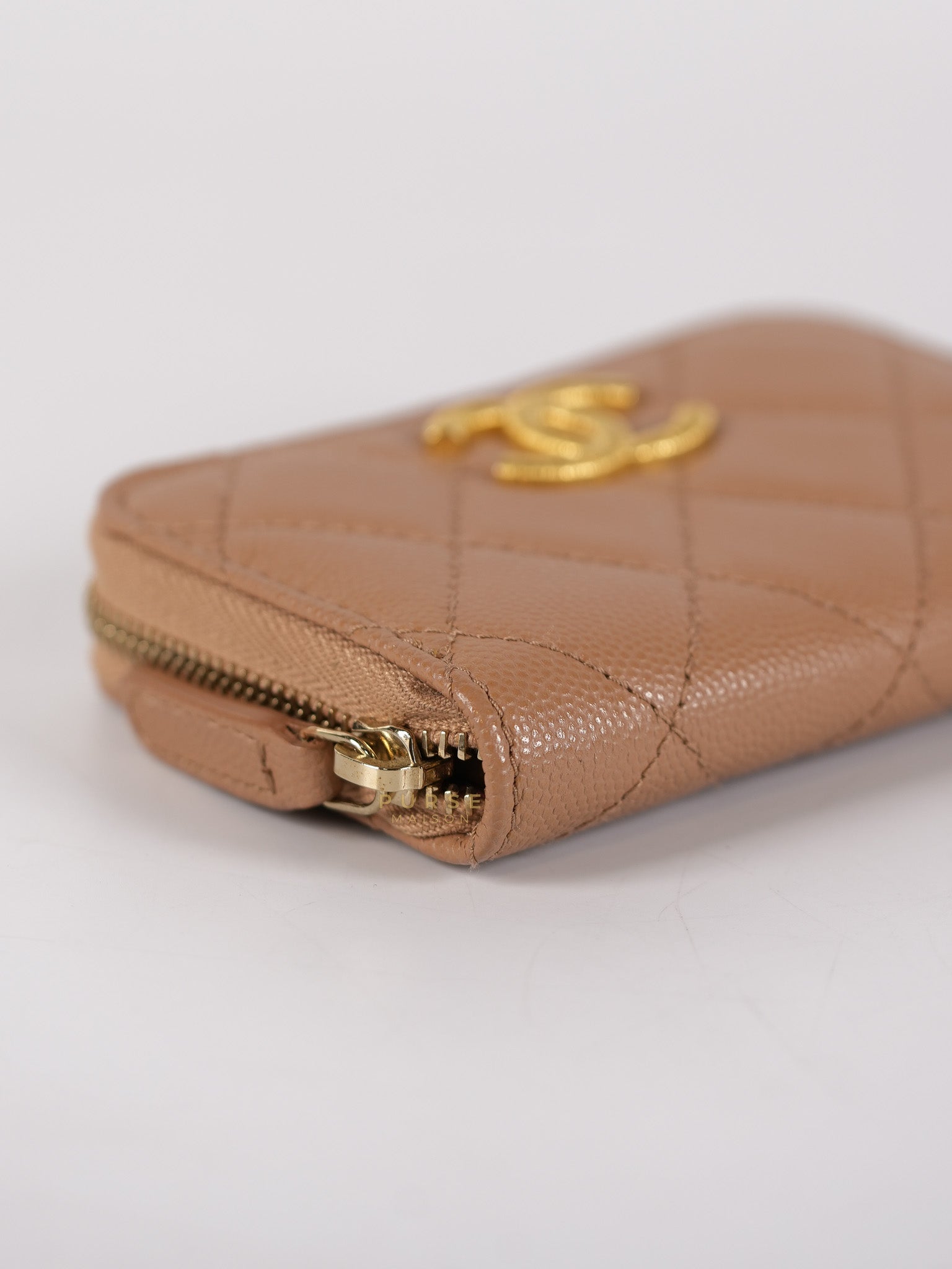 Zip Coin Purse Beige Quilted Caviar Leather Gold Hardware (Microchip) | Purse Maison Luxury Bags Shop