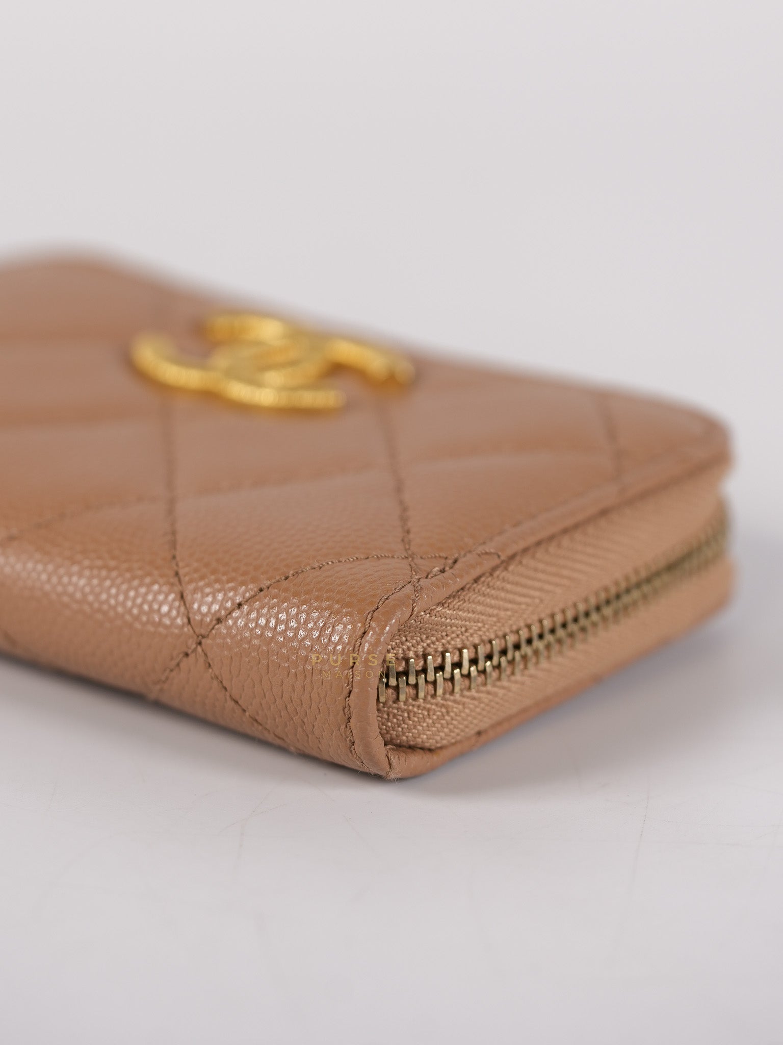 Zip Coin Purse Beige Quilted Caviar Leather Gold Hardware (Microchip) | Purse Maison Luxury Bags Shop