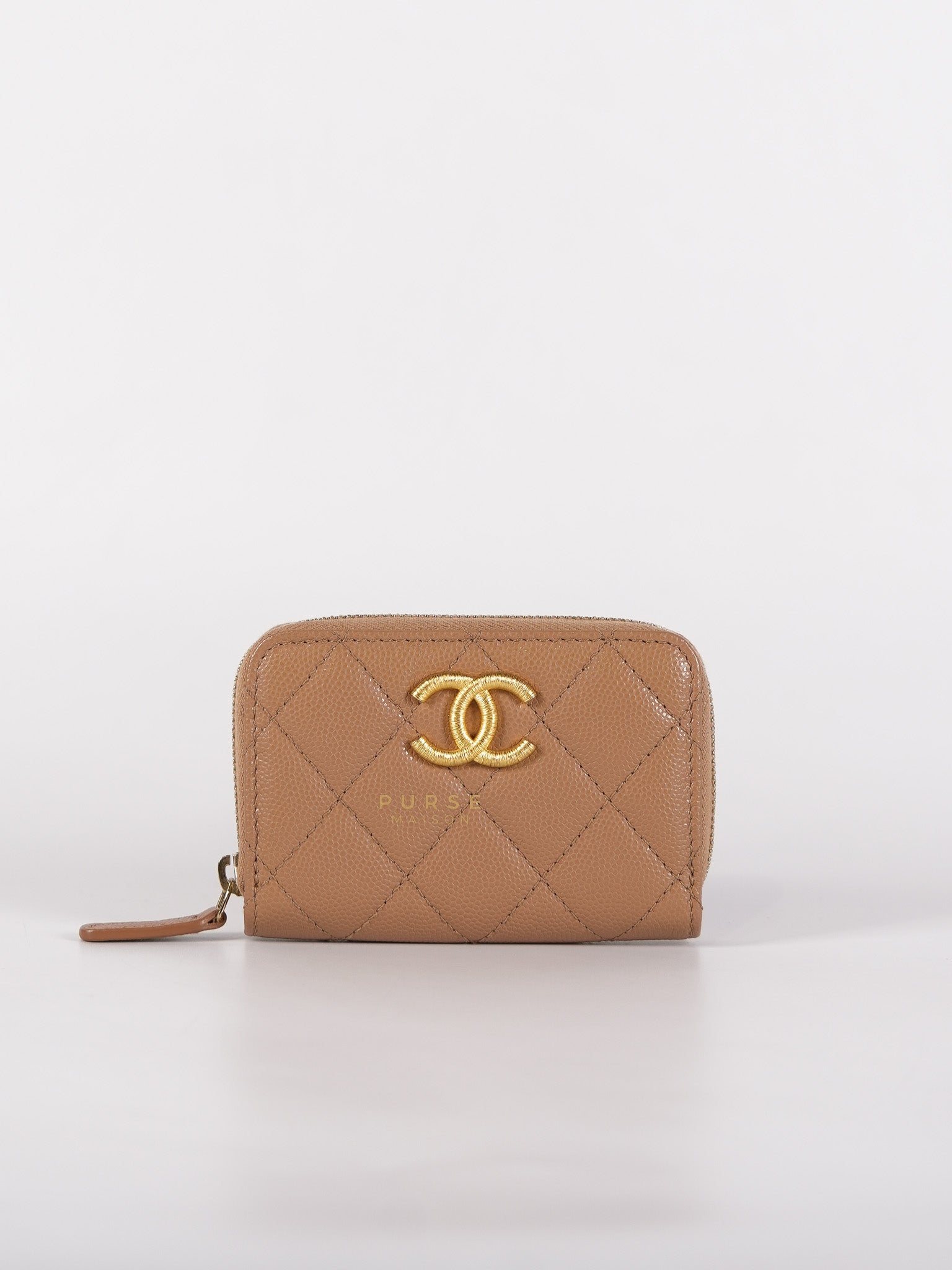 Zip Coin Purse Beige Quilted Caviar Leather Gold Hardware (Microchip) | Purse Maison Luxury Bags Shop
