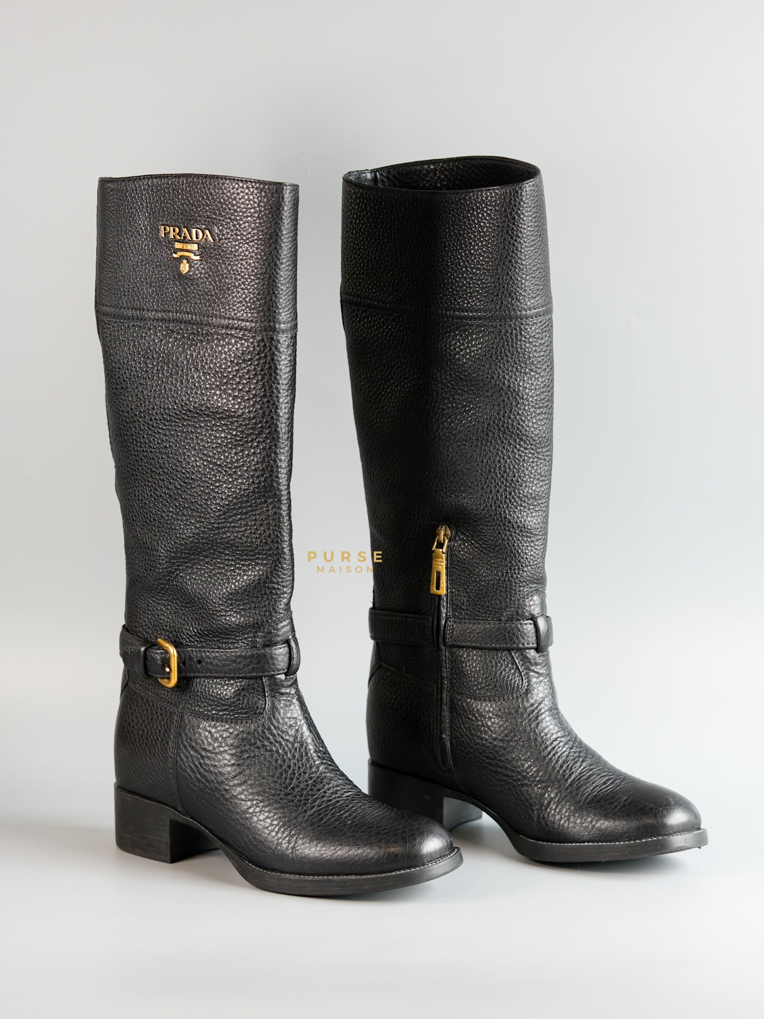 Zip Knee Length Black Leather Boots Size | Purse Maison Luxury Bags Shop