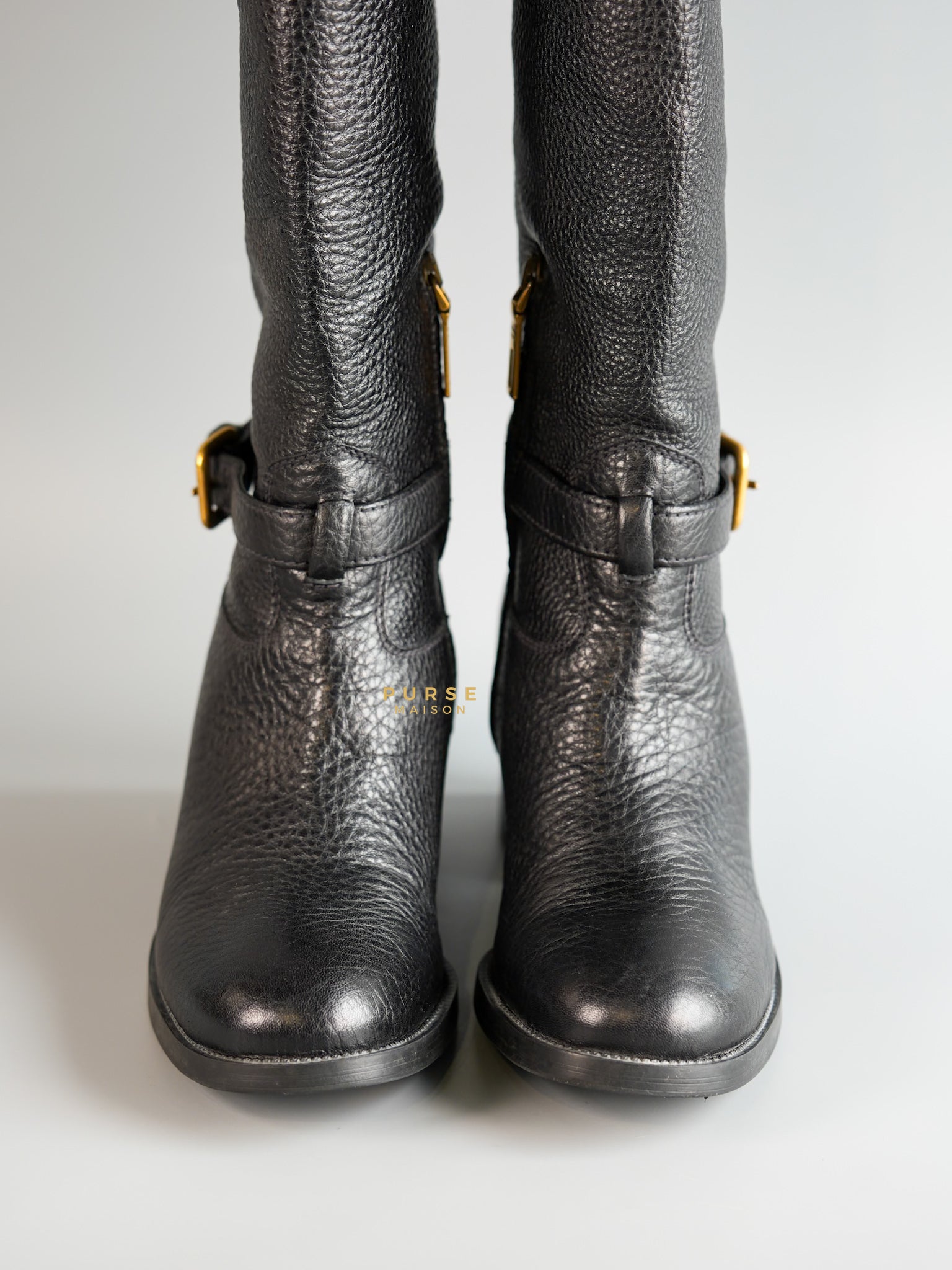 Zip Knee Length Black Leather Boots Size | Purse Maison Luxury Bags Shop