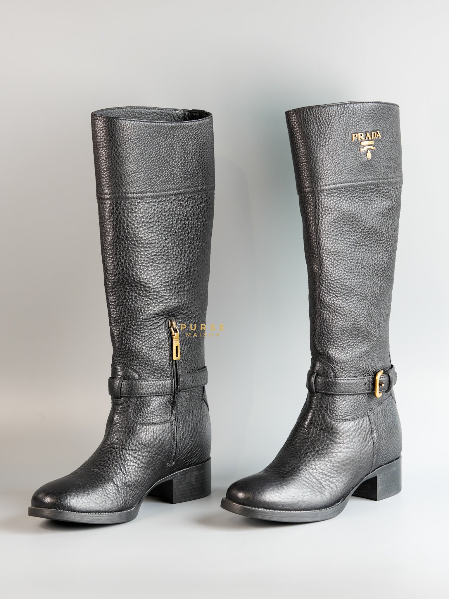 Zip Knee Length Black Leather Boots Size | Purse Maison Luxury Bags Shop