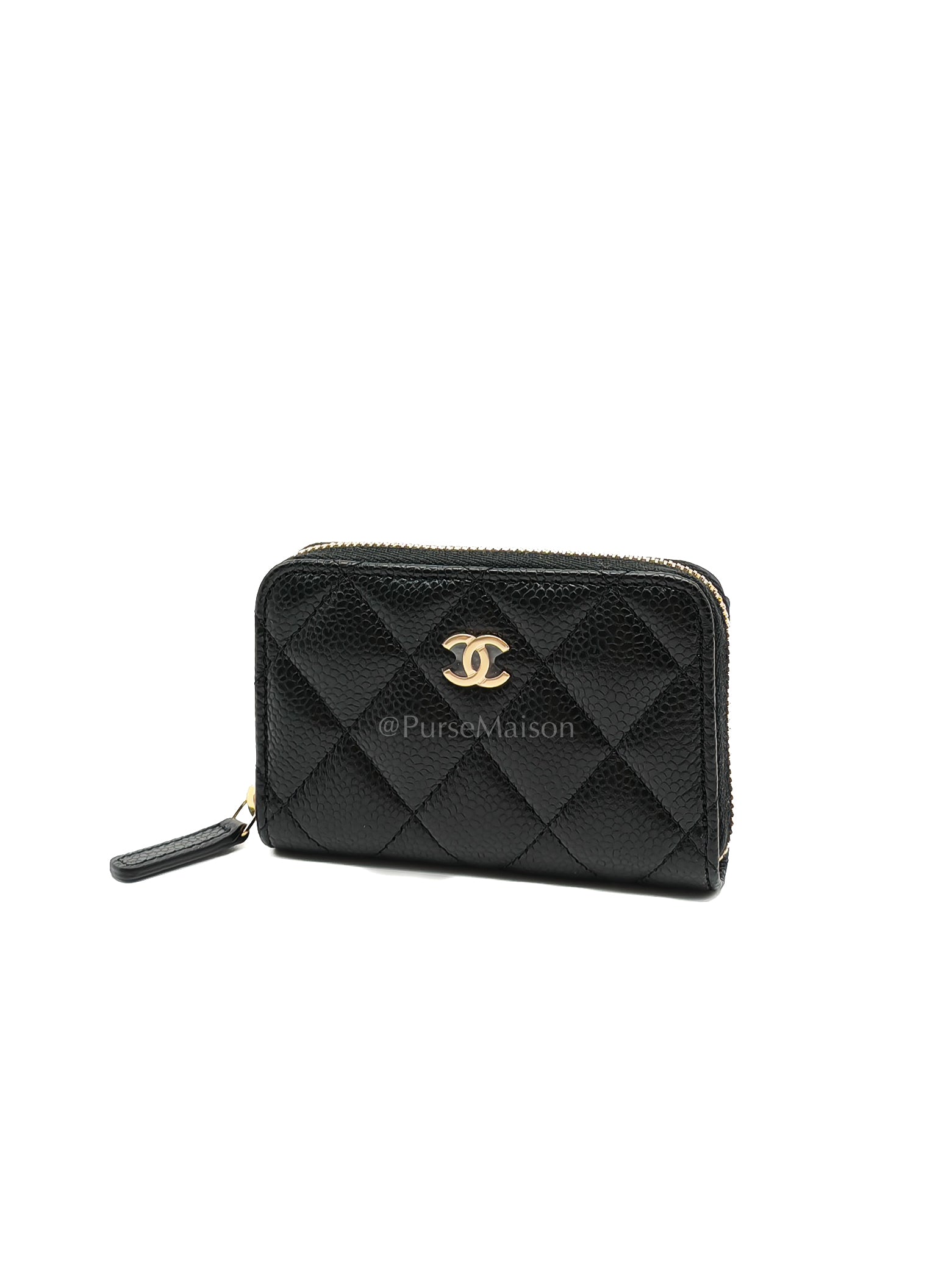 Zipped Card Holder in Black Caviar Leather and Gold Hardware (Microchip) | Purse Maison Luxury Bags Shop