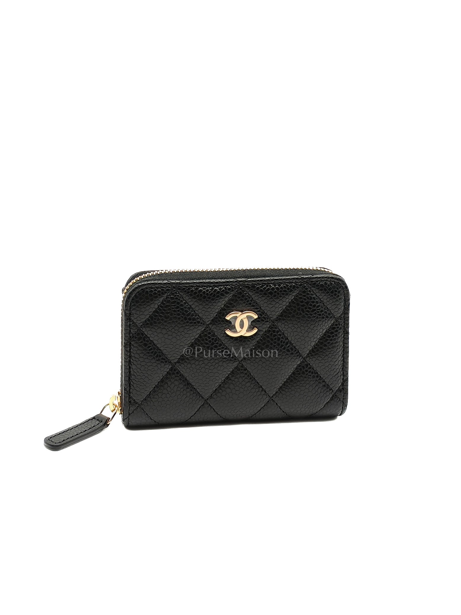 Zipped Card Holder in Black Caviar Leather and Gold Hardware (Microchip) | Purse Maison Luxury Bags Shop