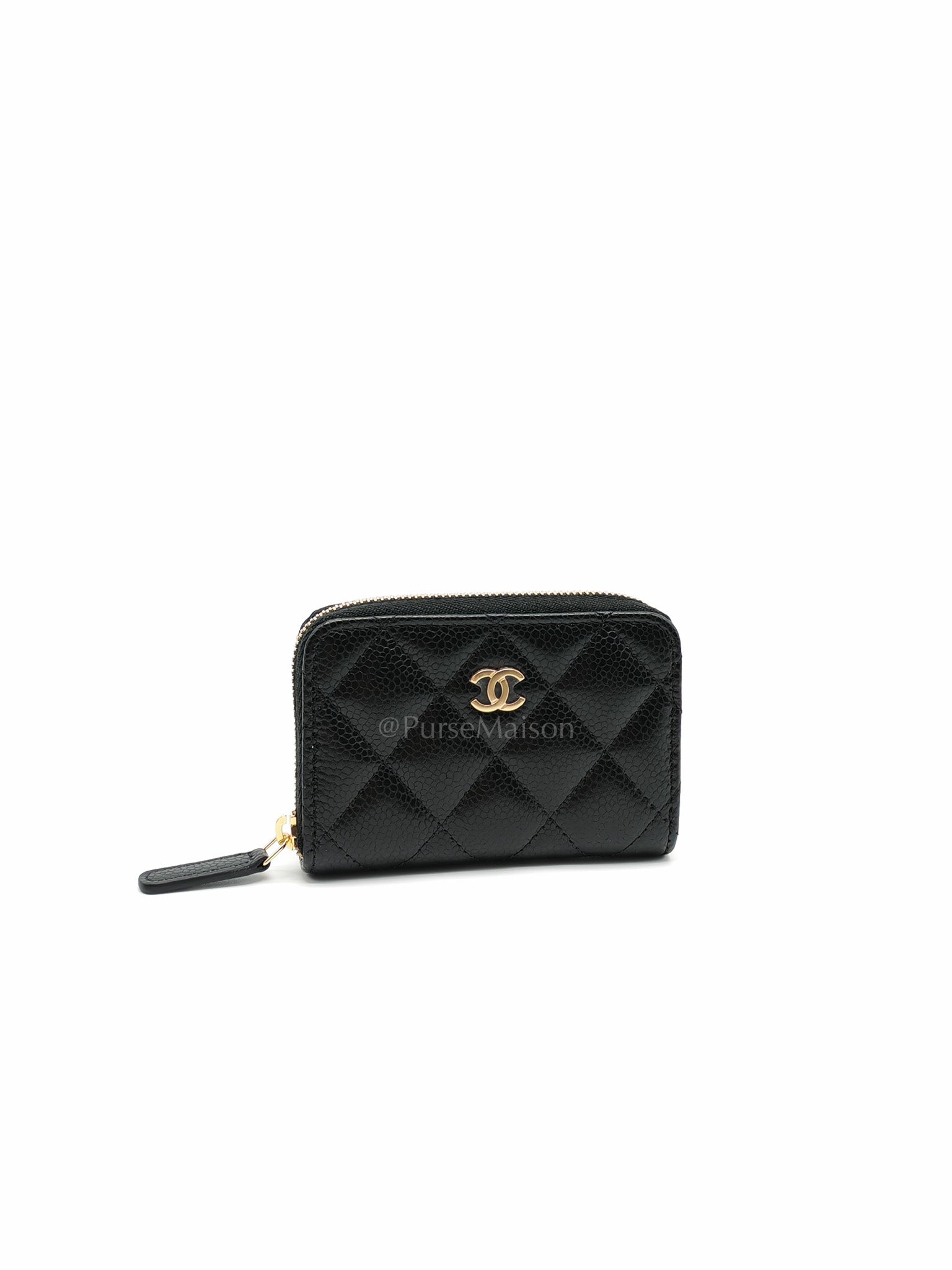 Zipped Card Holder in Black Caviar Leather & Gold Hardware Microchip | Purse Maison Luxury Bags Shop