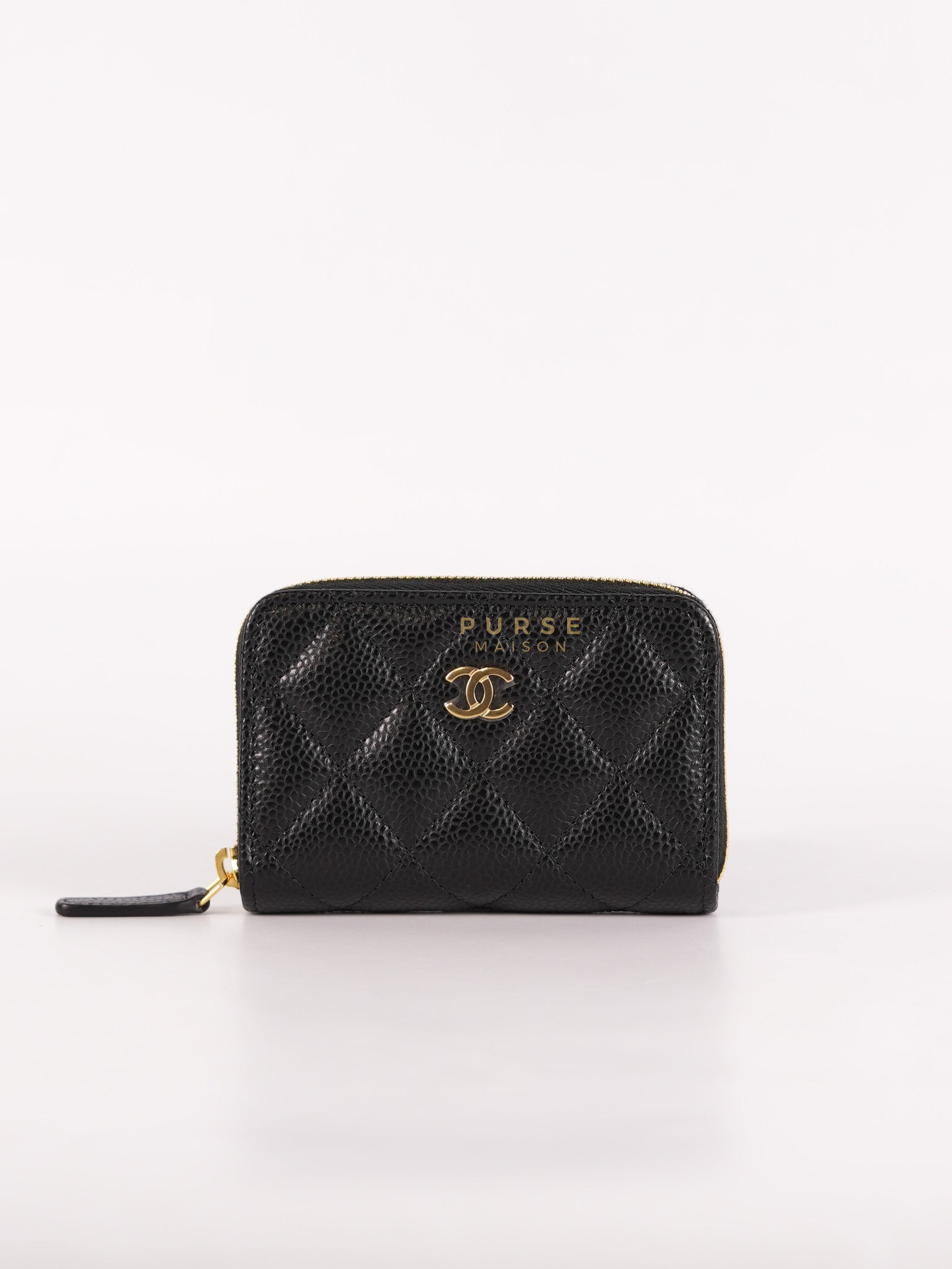 Zippy Card Holder in Black Caviar Leather Gold Hardware (Microchip) | Purse Maison Luxury Bags Shop