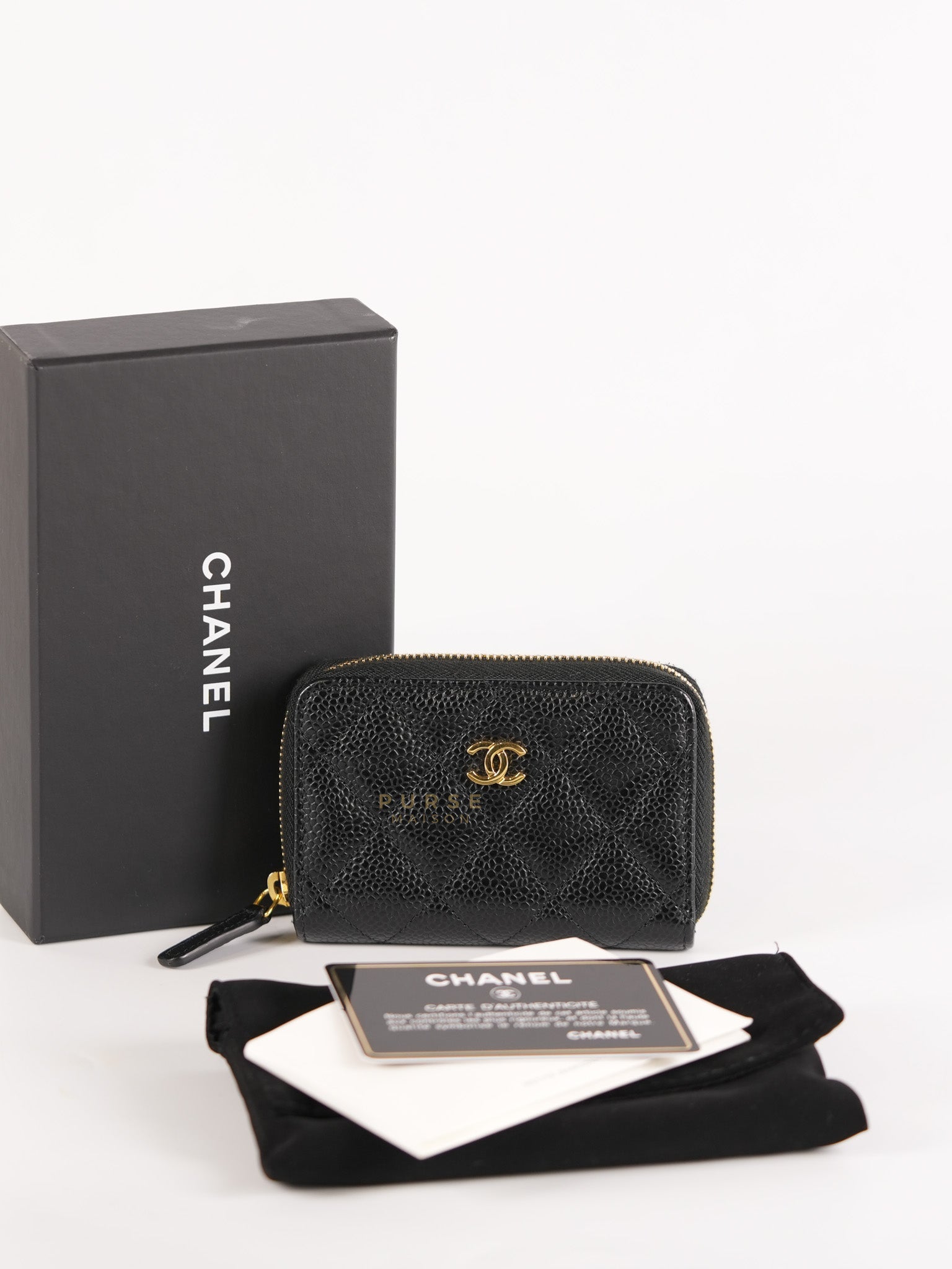 Zippy Wallet Card Holder in Black Quilted Caviar Leather & Gold Hardware (Series 30) | Purse Maison Luxury Bags Shop