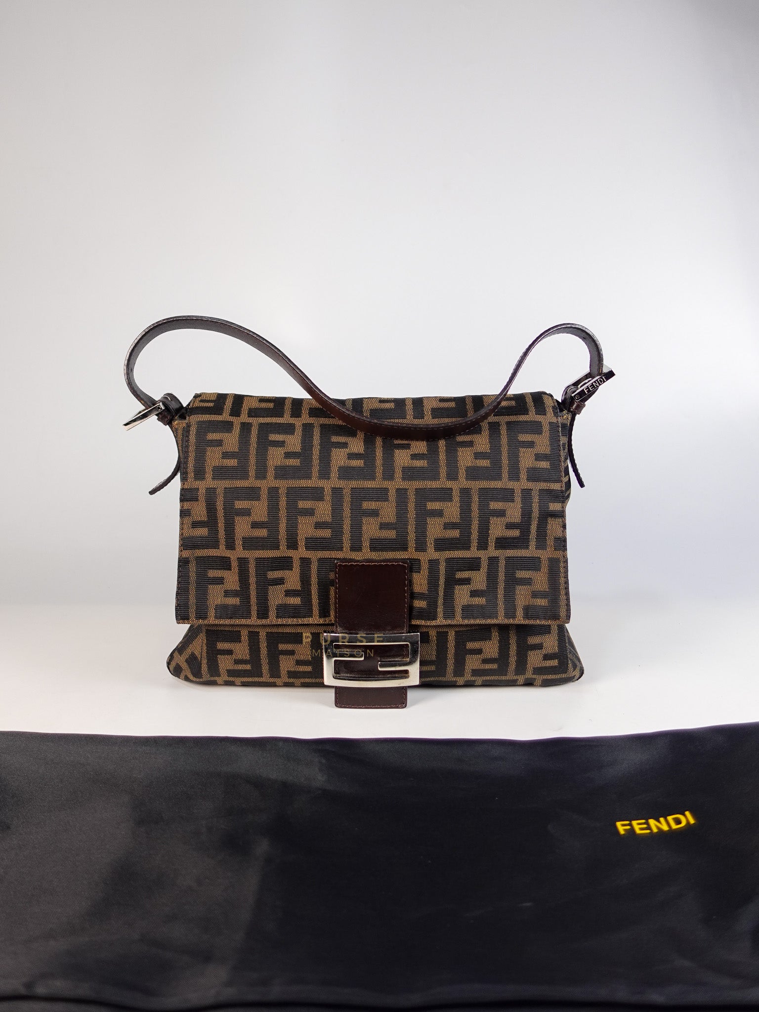 Zucca Mama Baguette Shoulder Bag in Brown & Black Silver Hardware | Purse Maison Luxury Bags Shop