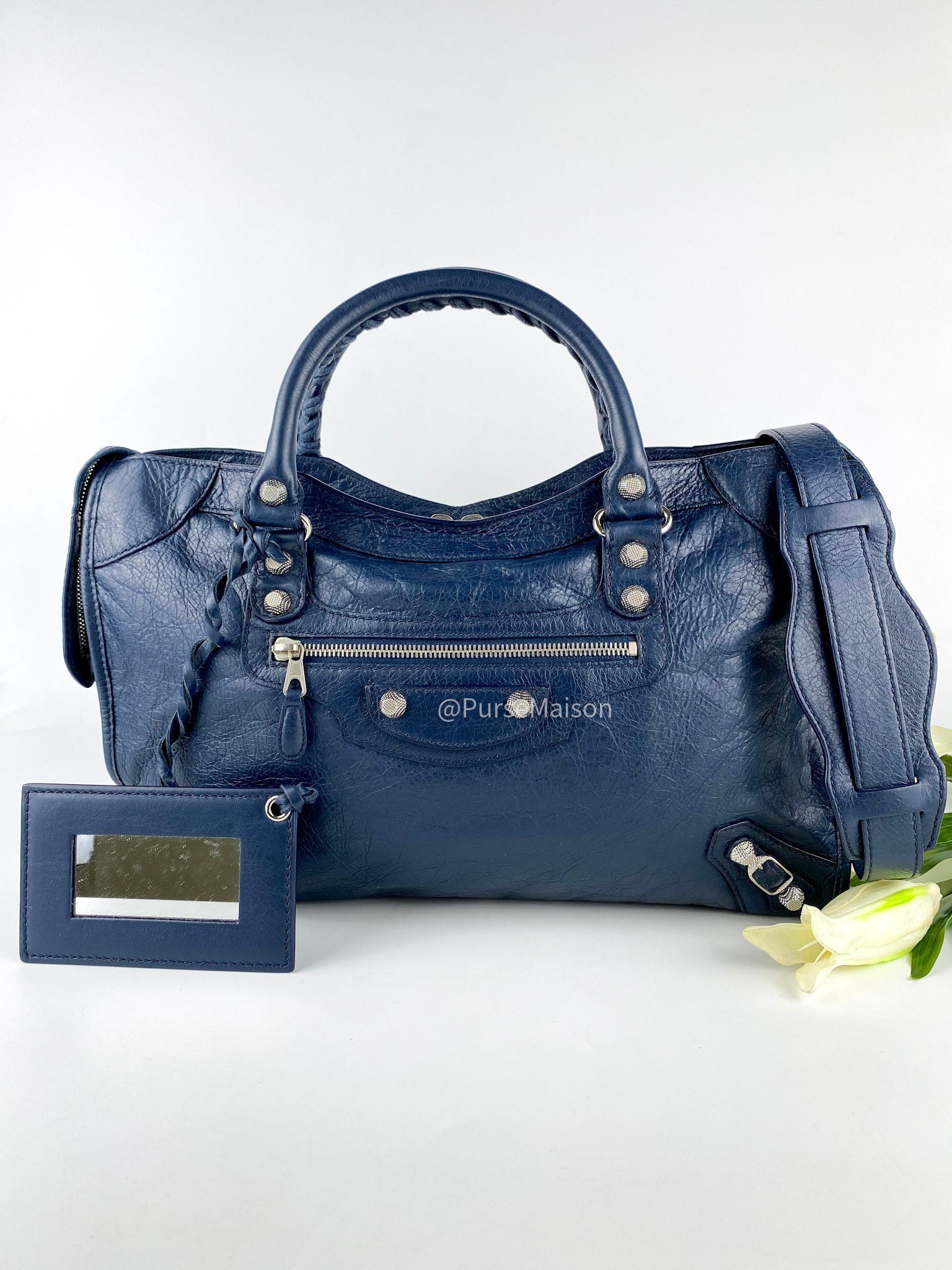 Balanciaga City Bag in Dark Blue and Silver Hardware