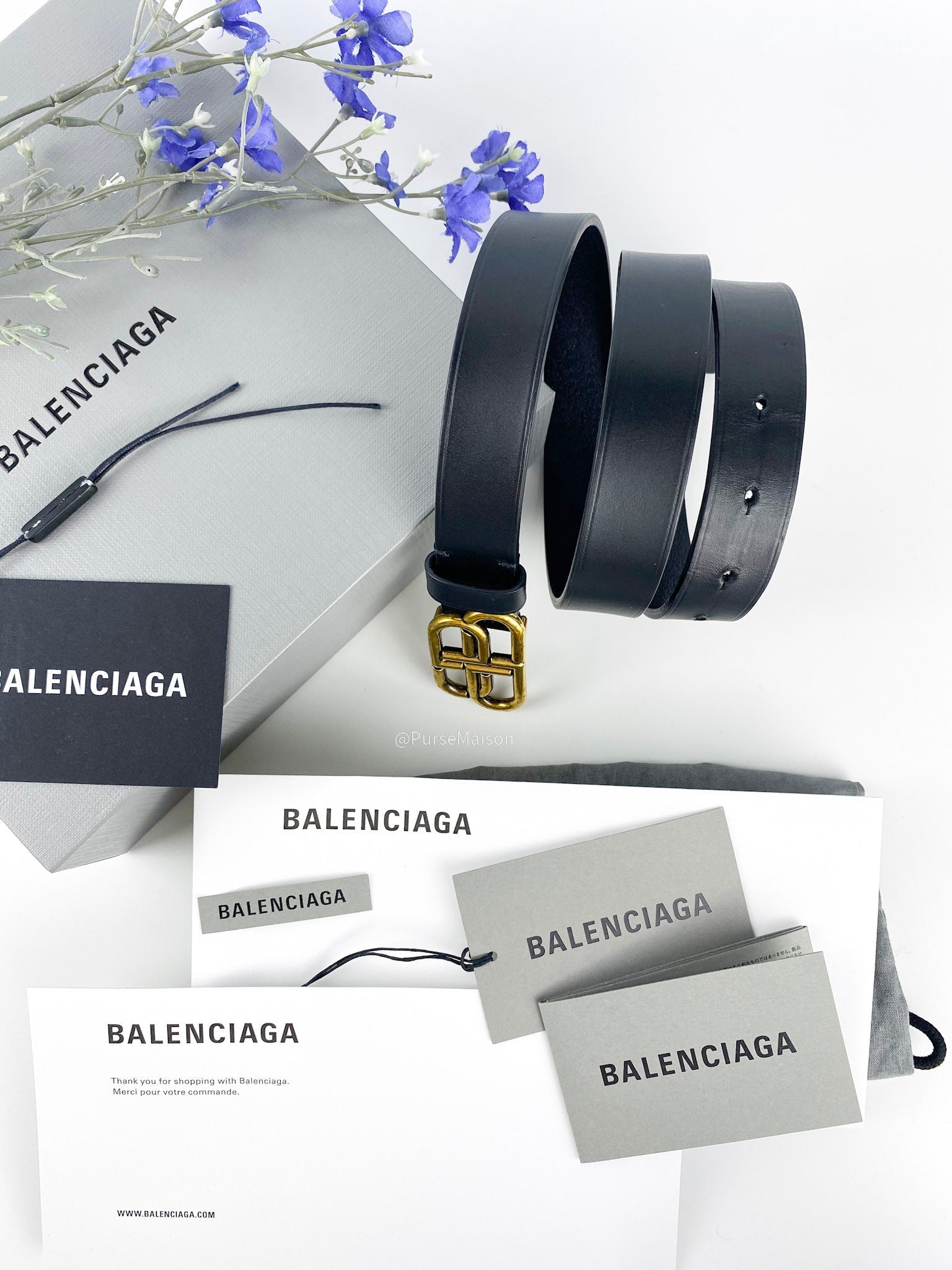 Balenciaga BB Logo Black Calfskin Leather Belt (75 cm x 2 cm)