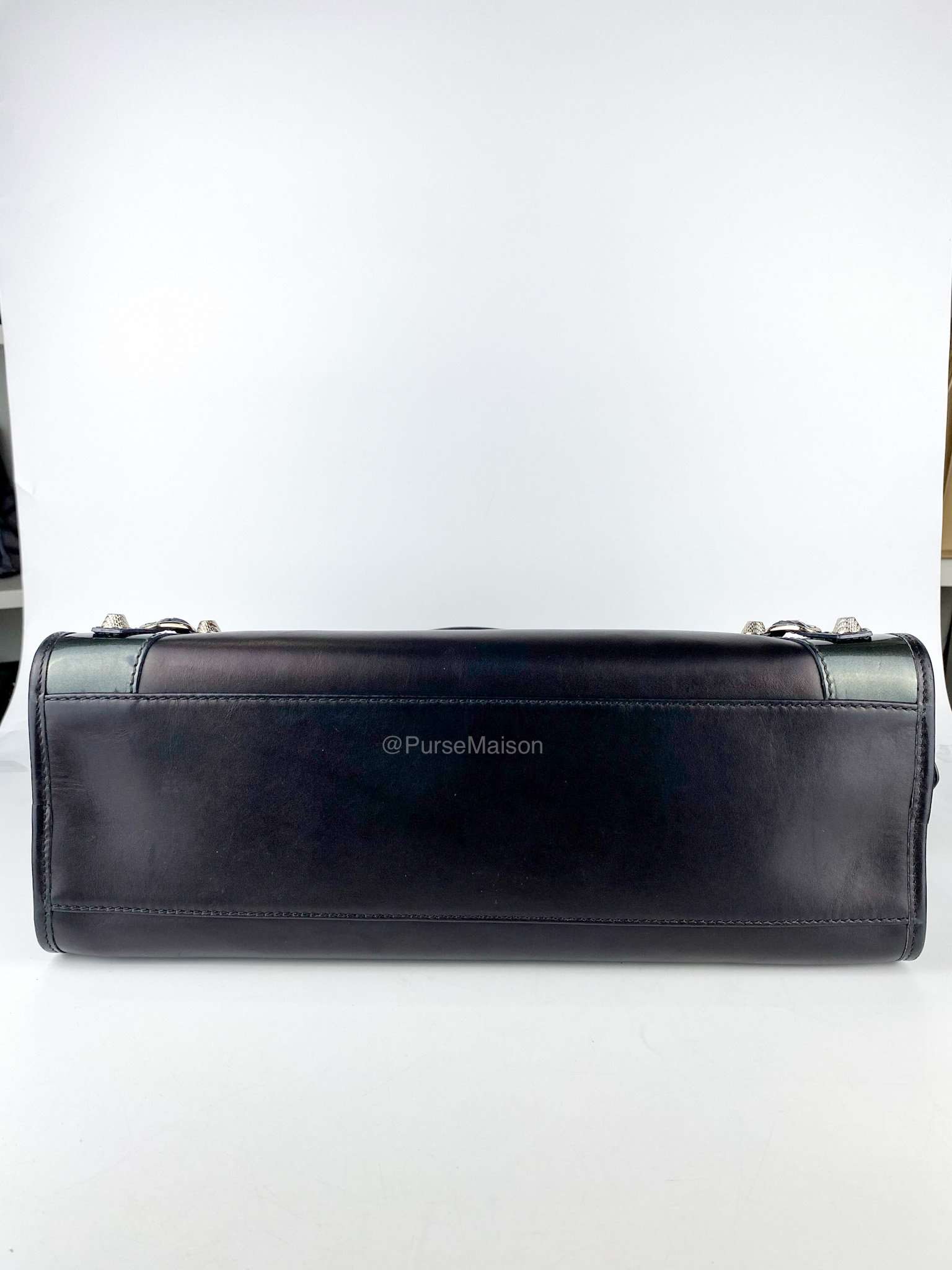 Balenciaga Black Calfskin Leather and Gris Fossile Patent Leather Giant 12 Silver Motorcycle City Bag