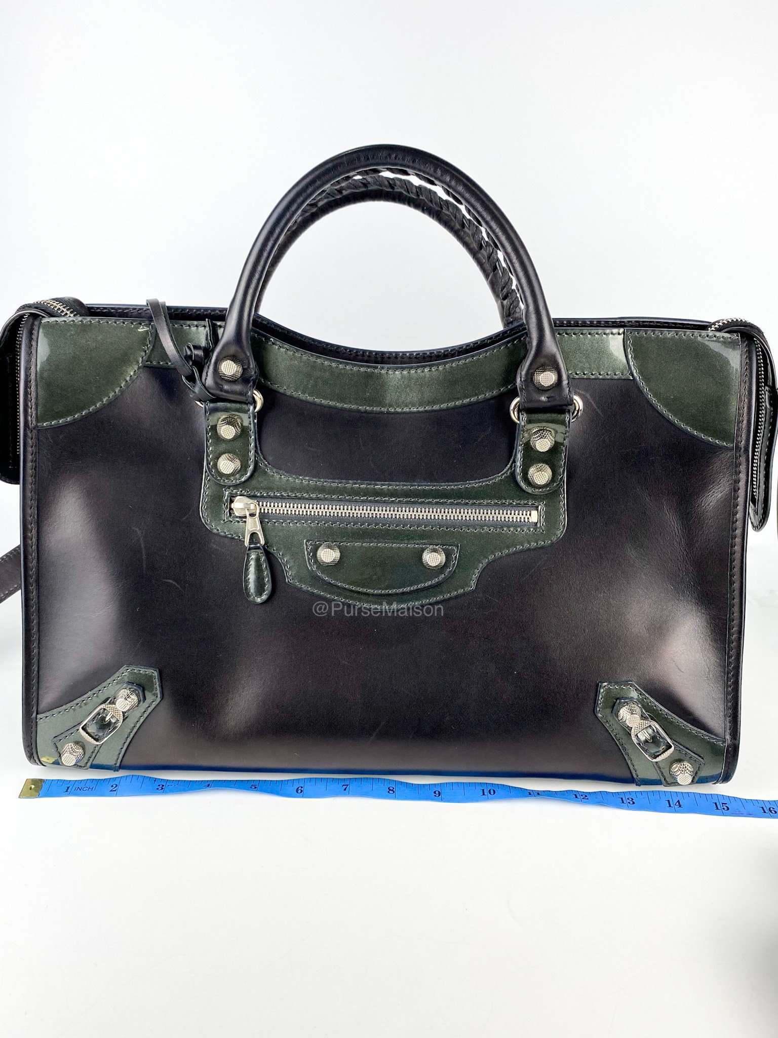 Balenciaga Black Calfskin Leather and Gris Fossile Patent Leather Giant 12 Silver Motorcycle City Bag