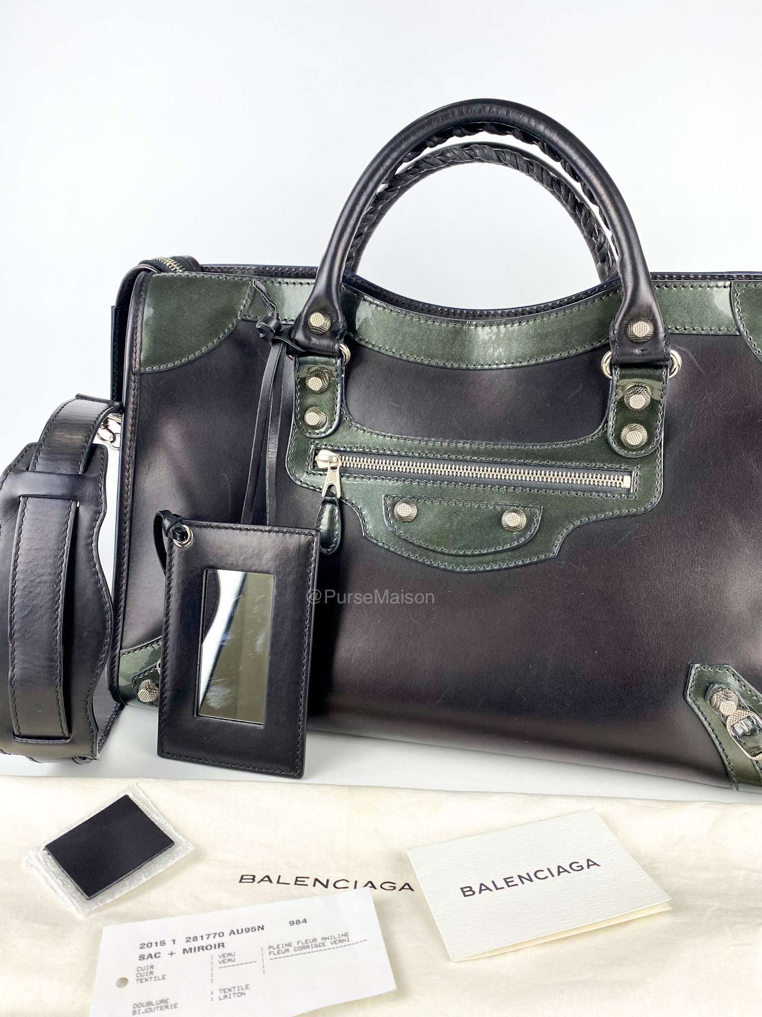 Balenciaga Black Calfskin Leather and Gris Fossile Patent Leather Giant 12 Silver Motorcycle City Bag