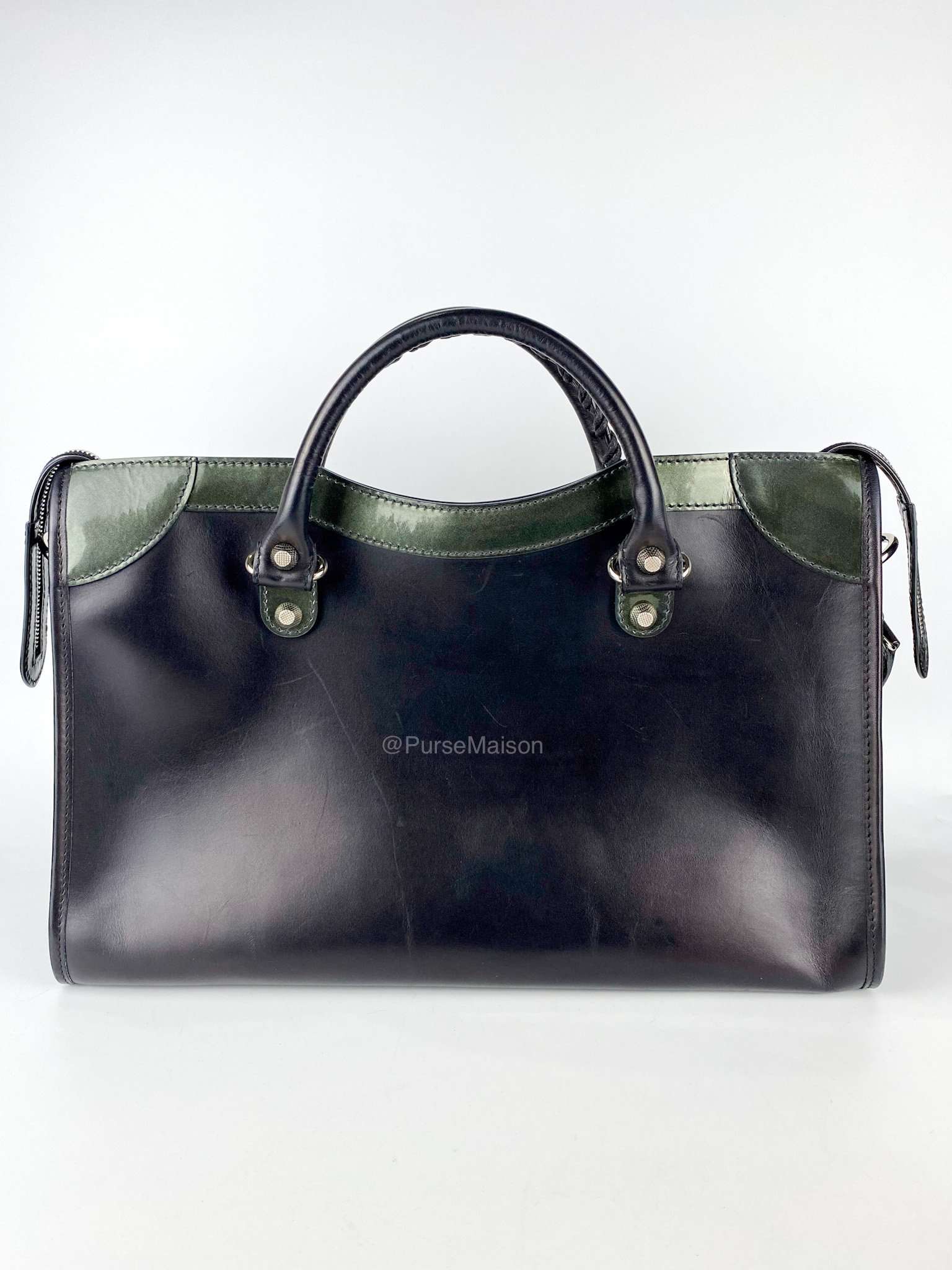 Balenciaga Black Calfskin Leather and Gris Fossile Patent Leather Giant 12 Silver Motorcycle City Bag