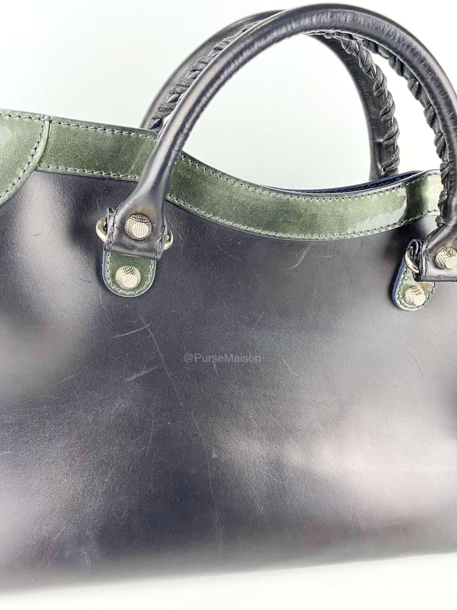 Balenciaga Black Calfskin Leather and Gris Fossile Patent Leather Giant 12 Silver Motorcycle City Bag