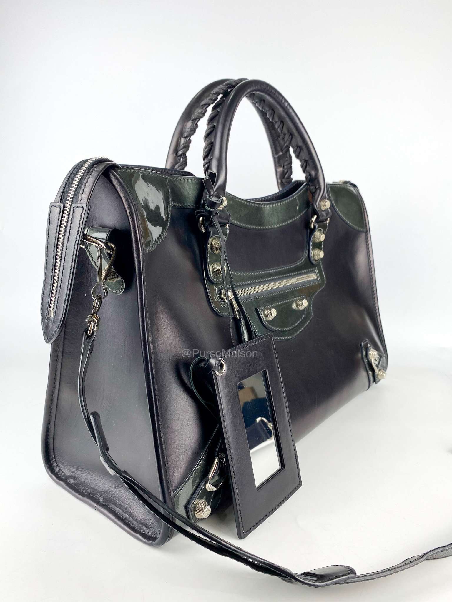 Balenciaga Black Calfskin Leather and Gris Fossile Patent Leather Giant 12 Silver Motorcycle City Bag