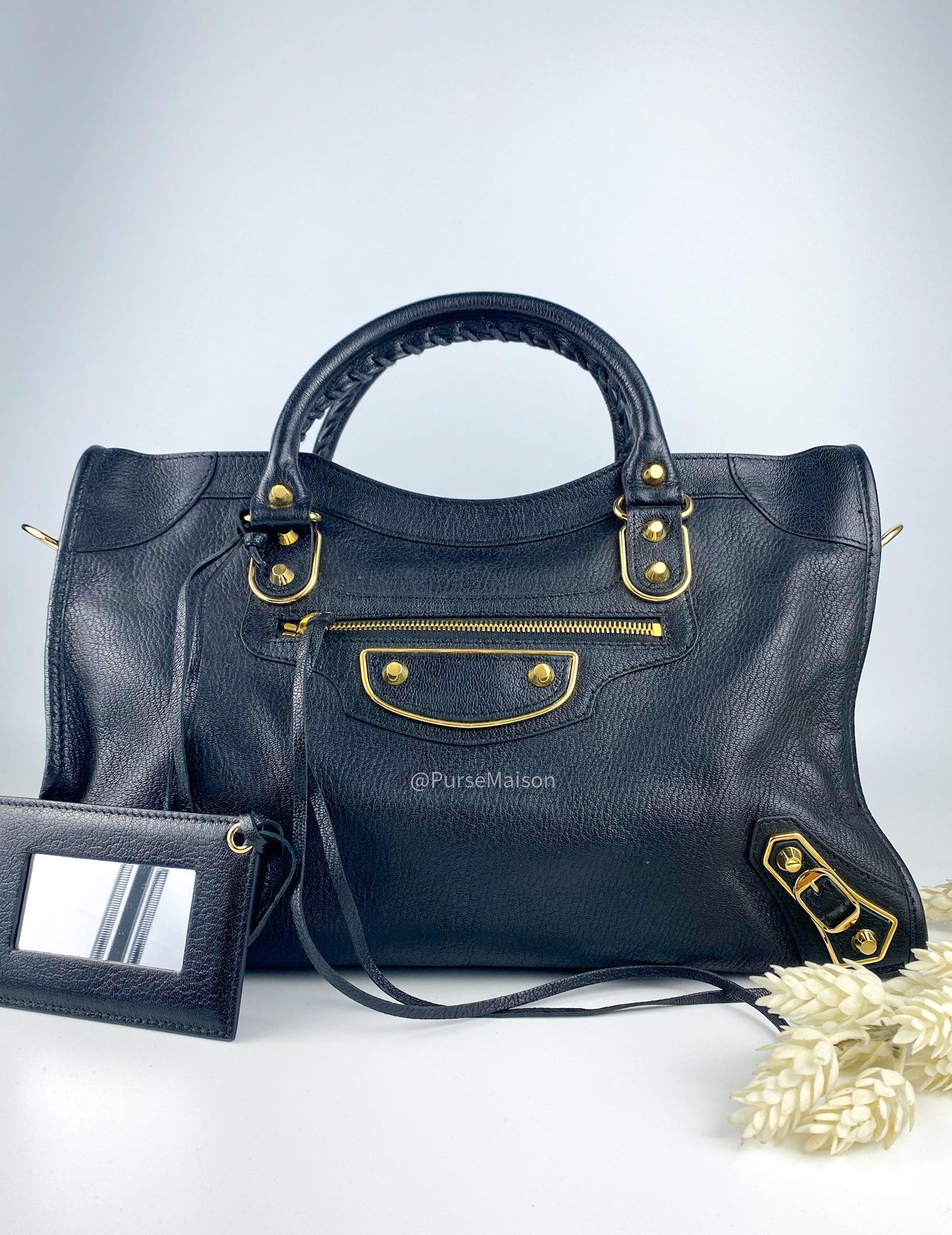 Balenciaga Black Metallic Edge City Bag in Gold Hardware with Entrupy