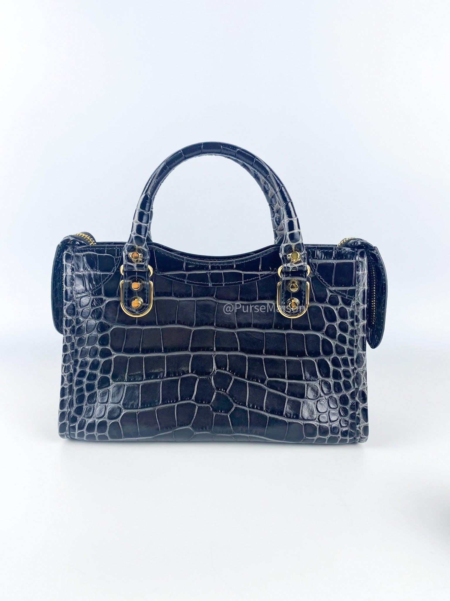 Balenciaga Classic Mini Metallic Edge Crocodile Embossed Black