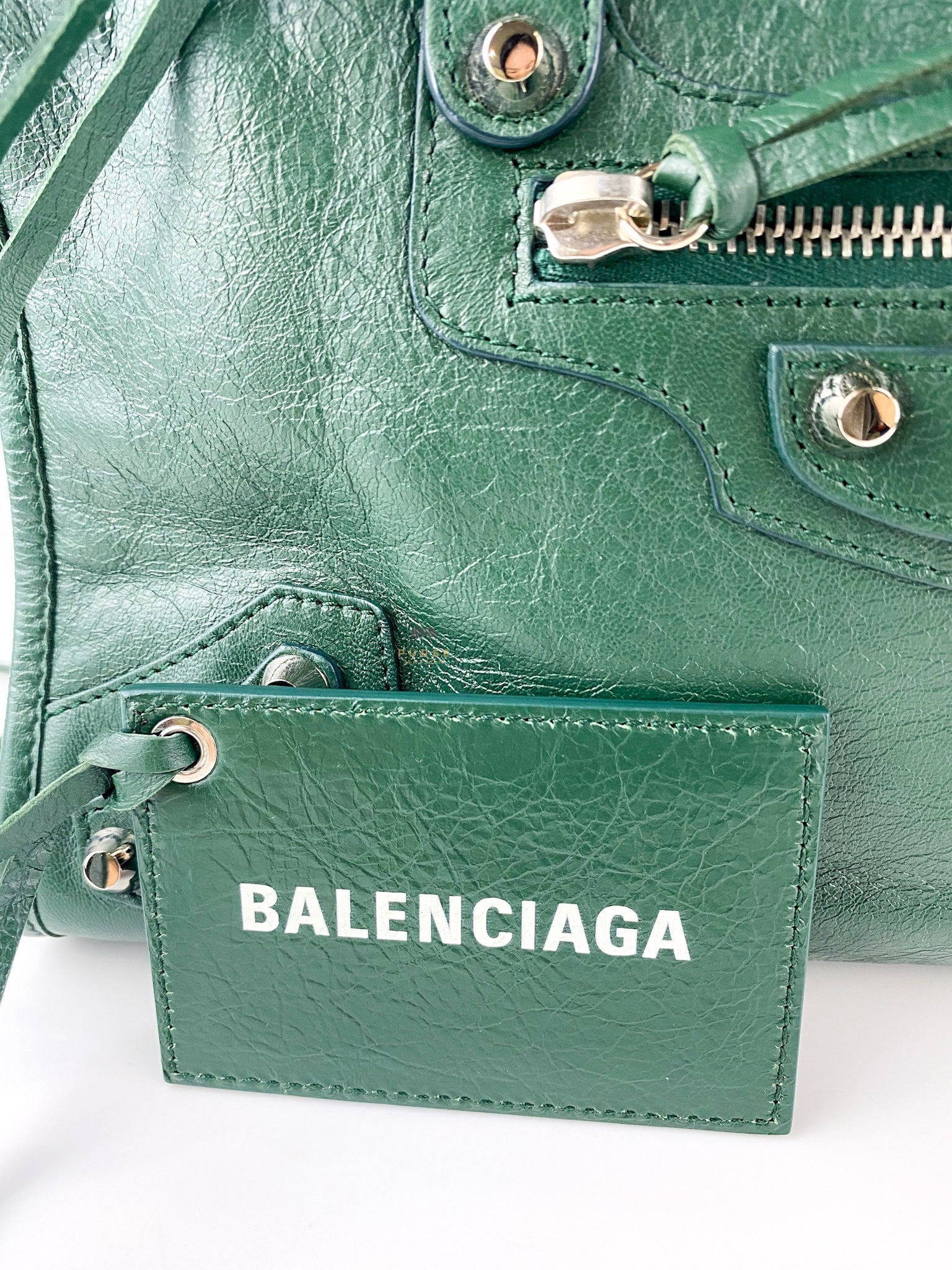 Balenciaga Dark Green Small City Logo Strap Silver Hardware