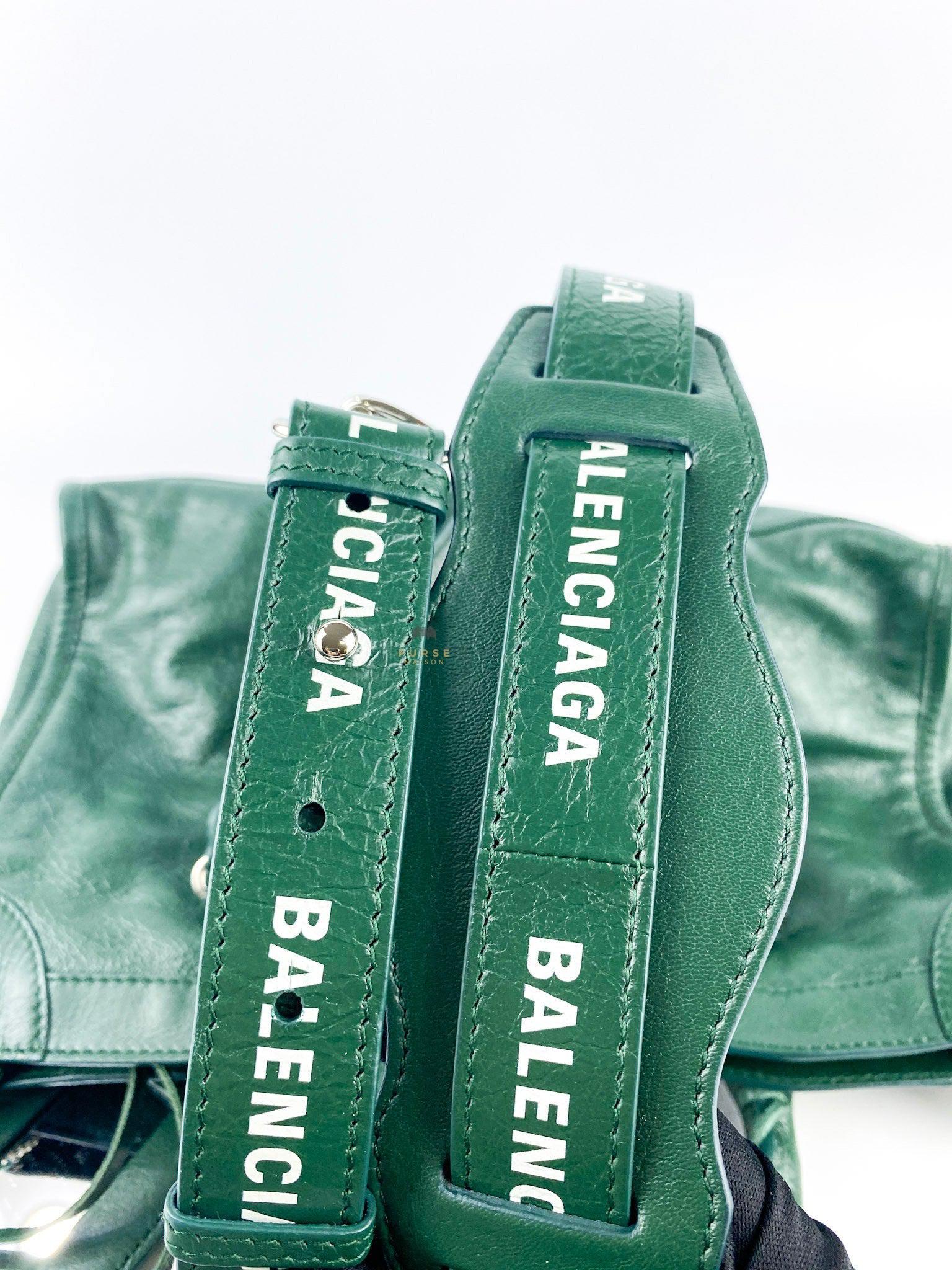 Balenciaga Dark Green Small City Logo Strap Silver Hardware