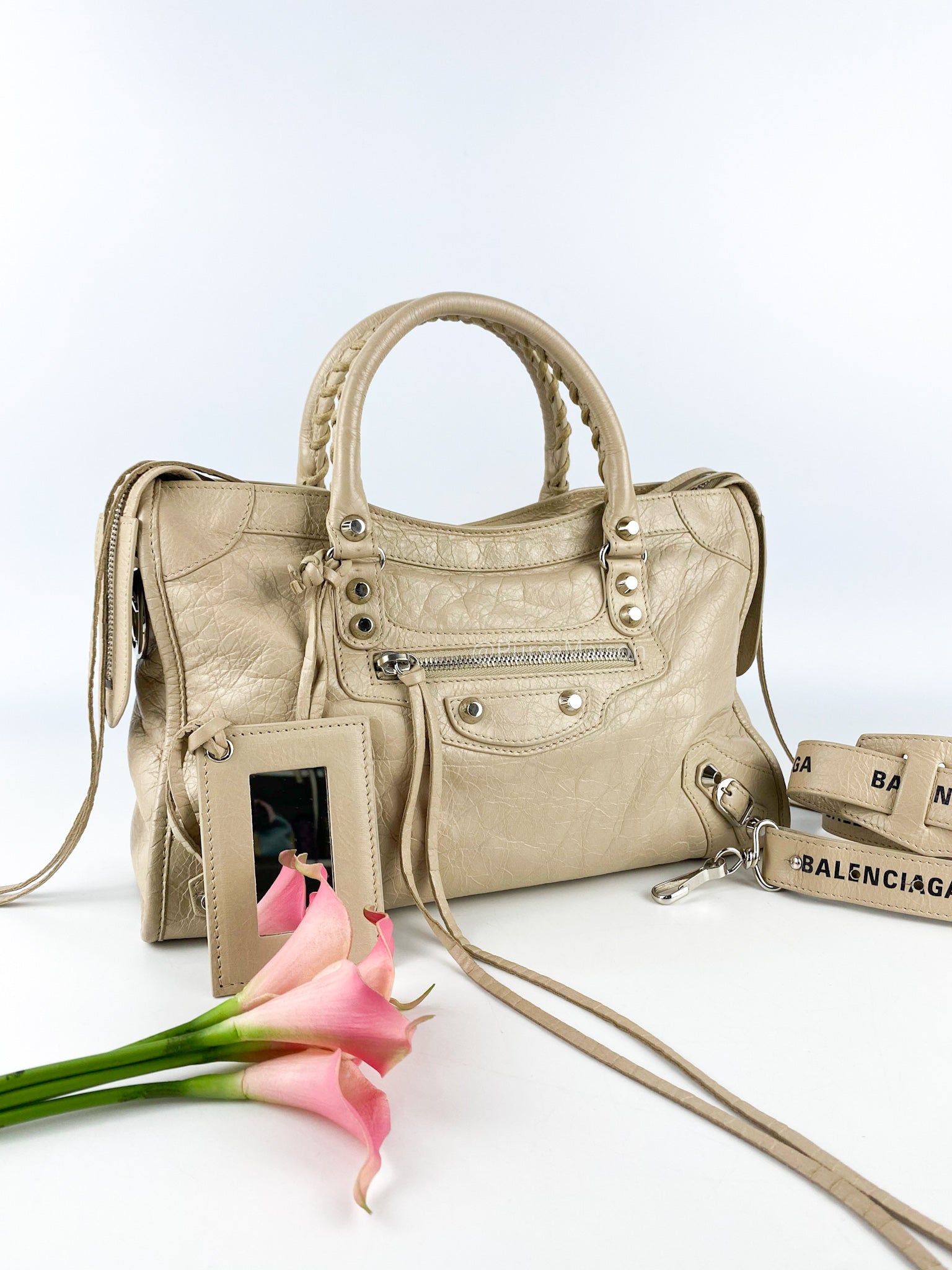 Balenciaga Light Beige Small City Logo Strap Silver Hardware