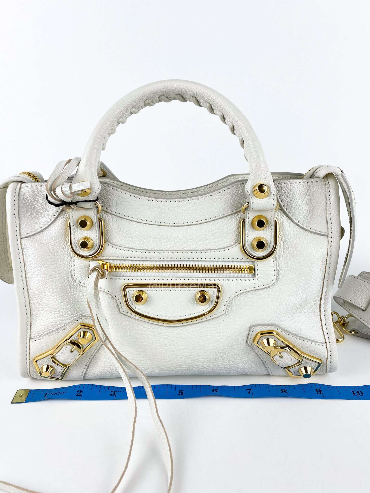 Balenciaga Metallic Edge Mini City White in Gold Hardware