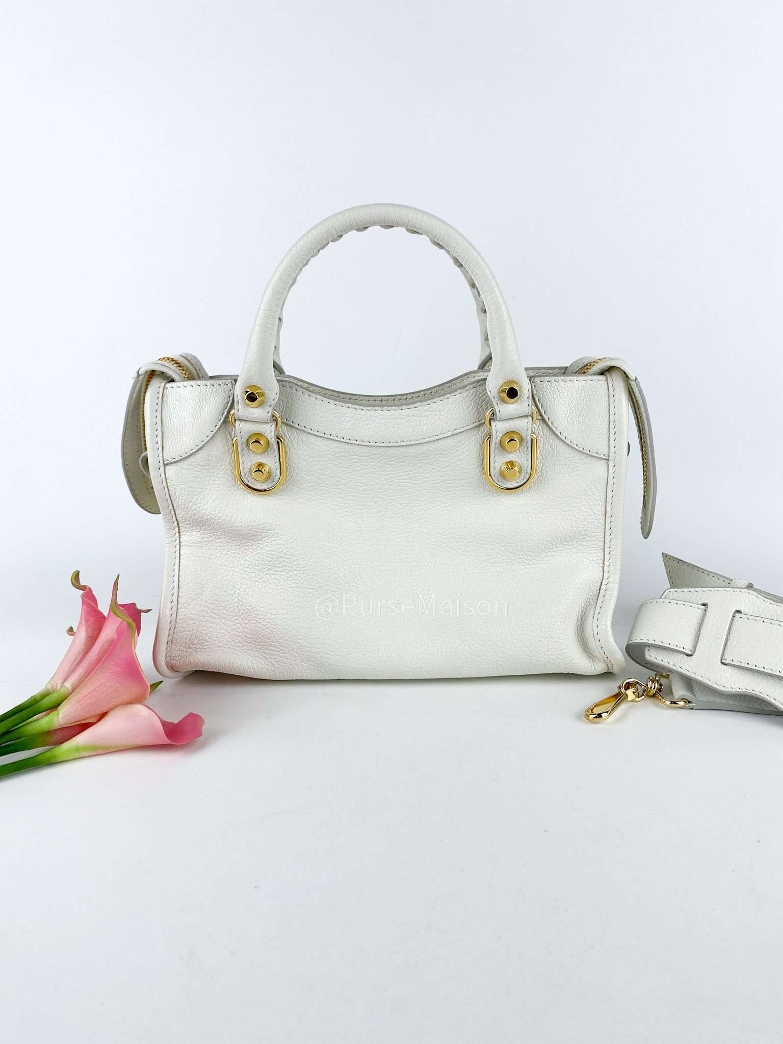 Balenciaga Metallic Edge Mini City White in Gold Hardware