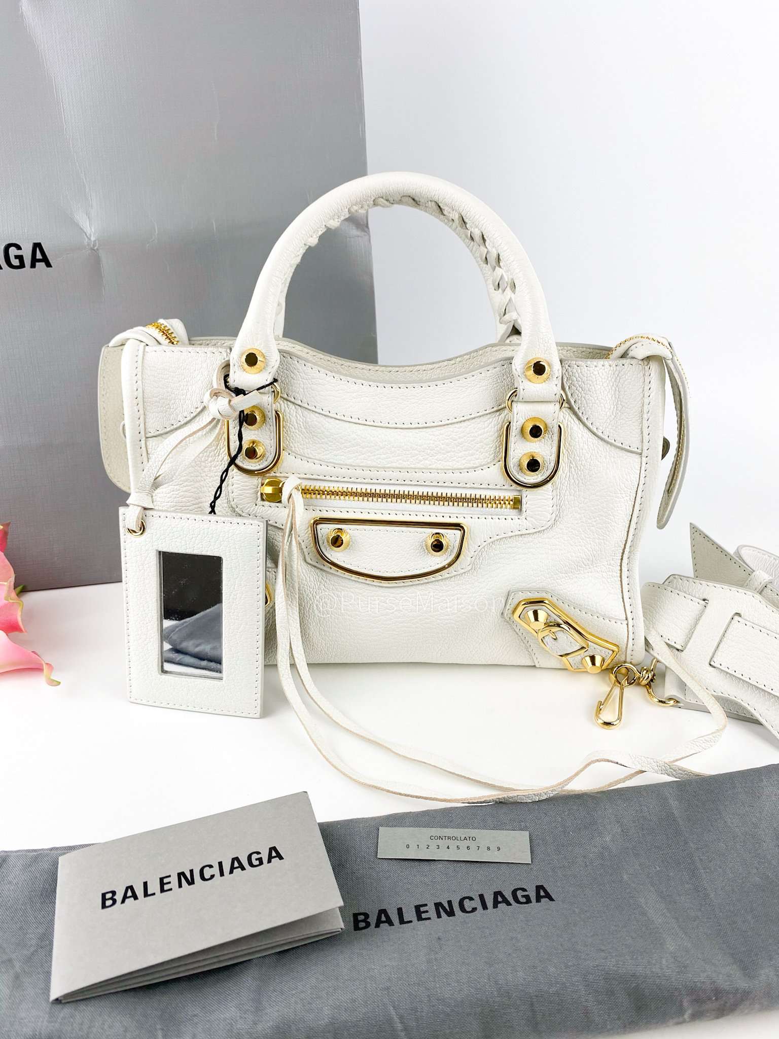 Balenciaga Metallic Edge Mini City White in Gold Hardware