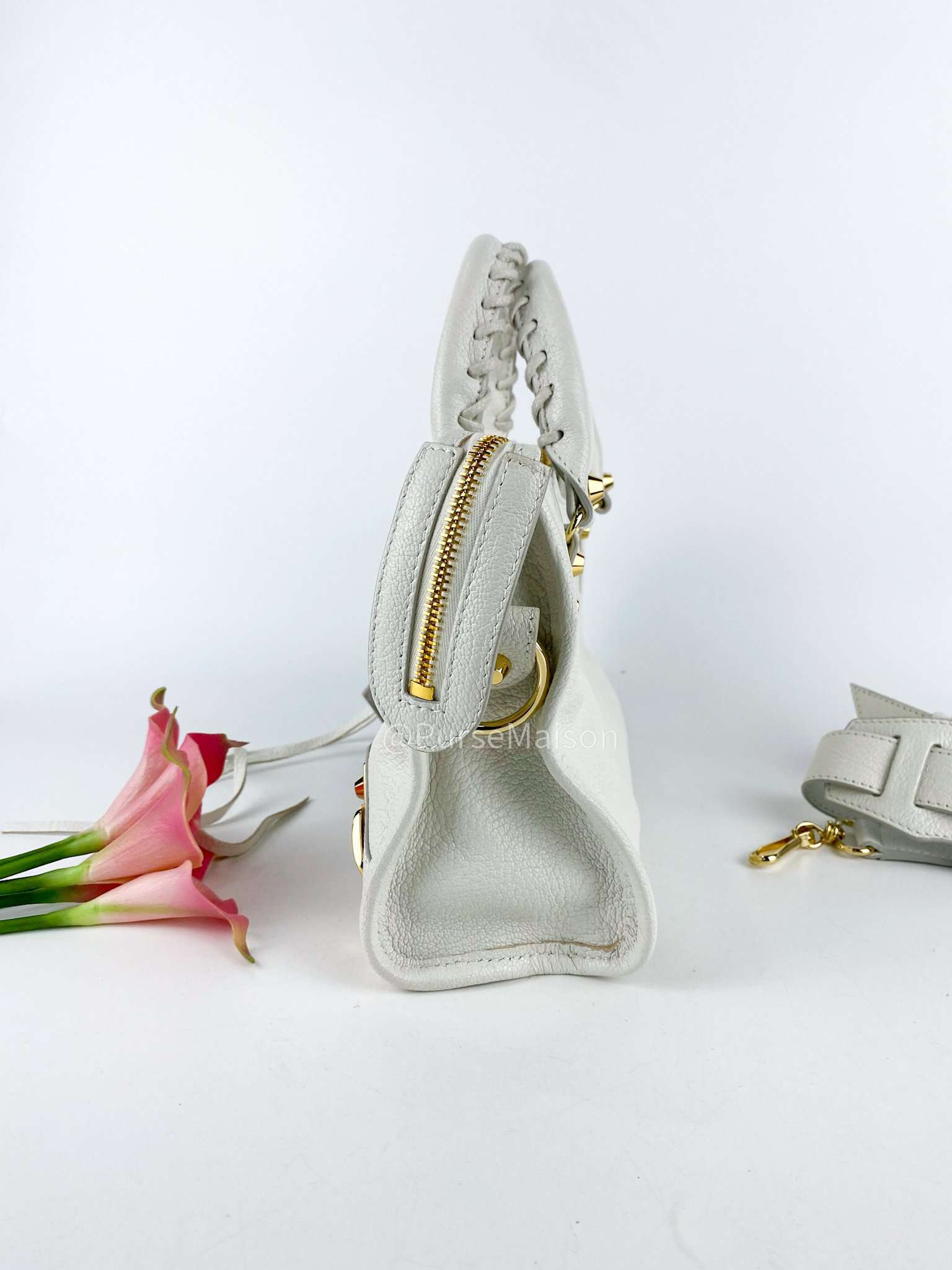 Balenciaga Metallic Edge Mini City White in Gold Hardware