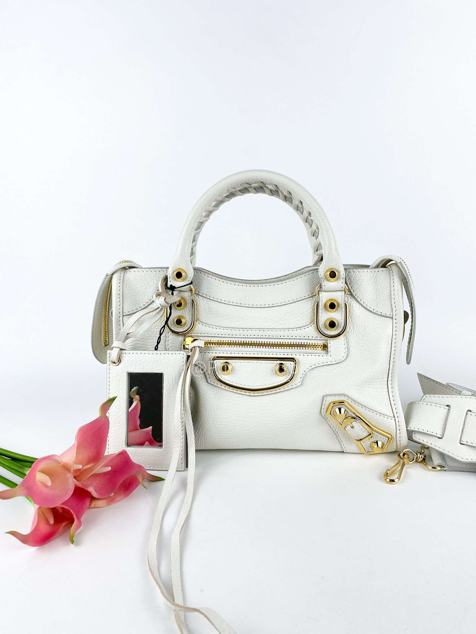 Balenciaga Metallic Edge Mini City White in Gold Hardware