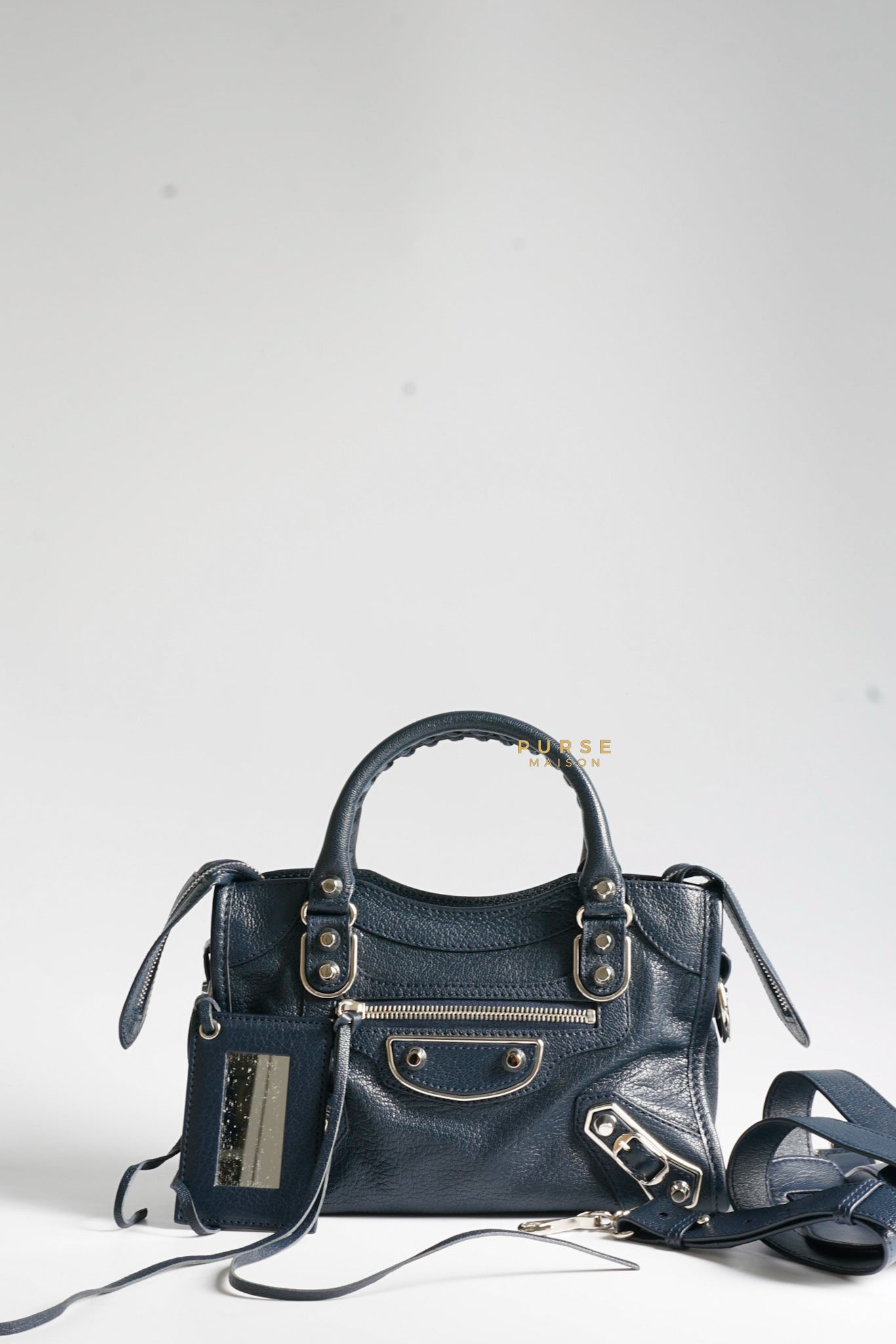 Balenciaga Mini City Metallic Edge Navy Blue in Silver Hardware