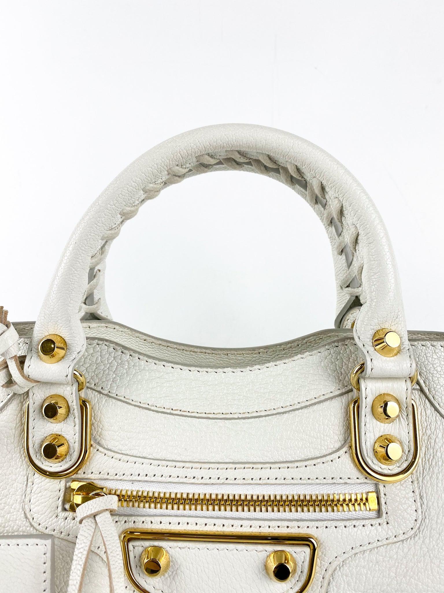 Balenciaga Mini City Metallic Edge White in Gold Hardware with Entrupy