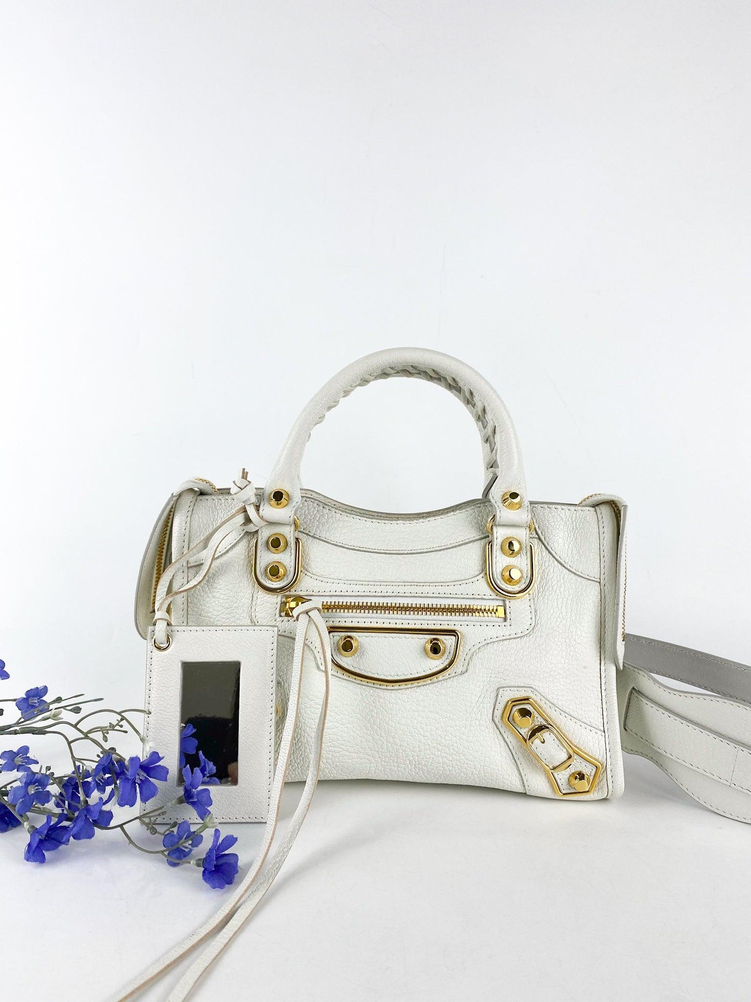 Balenciaga Mini City Metallic Edge White in Gold Hardware with Entrupy