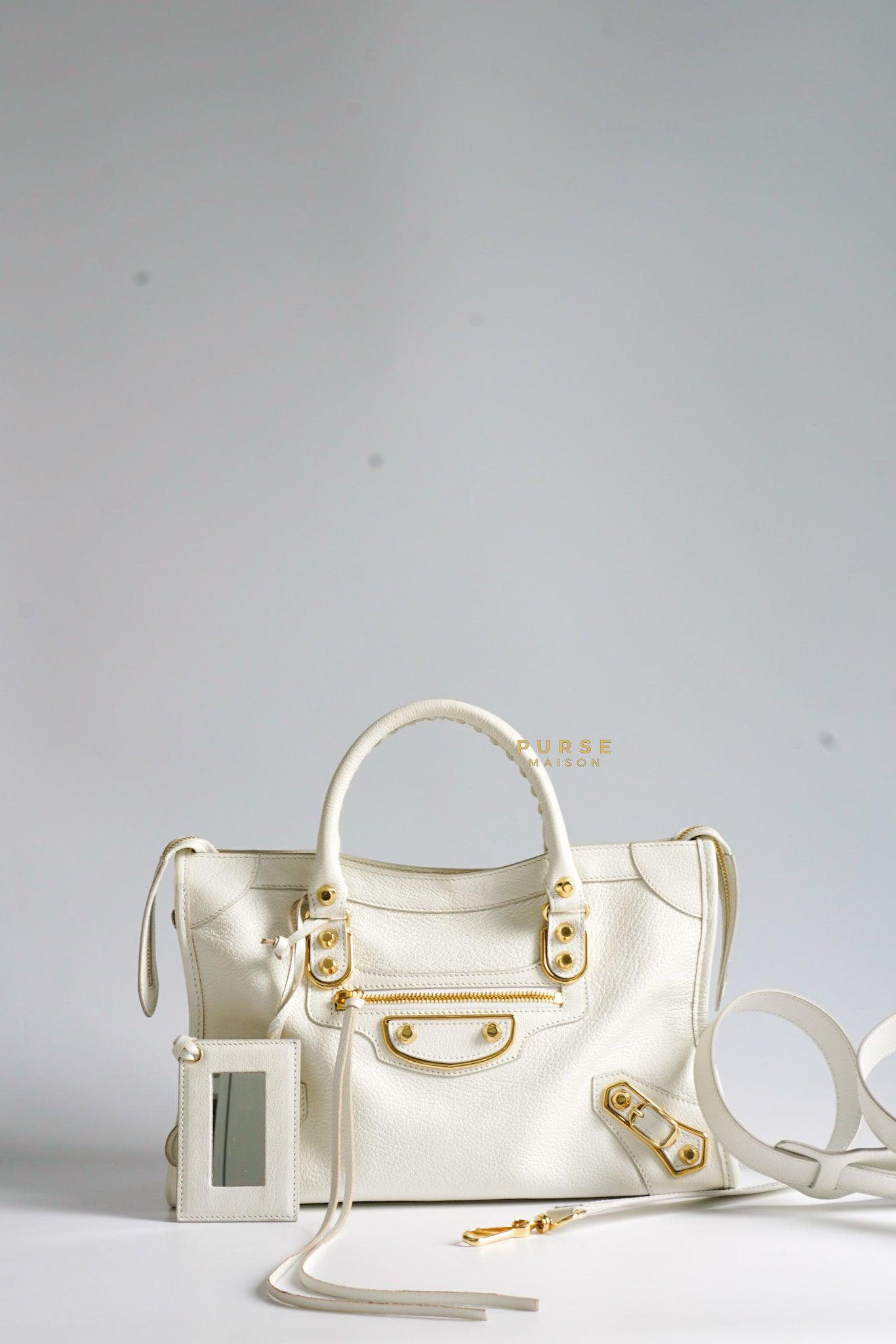 Balenciaga Small Metallic Edge White Goatskin Leather Gold Hardware