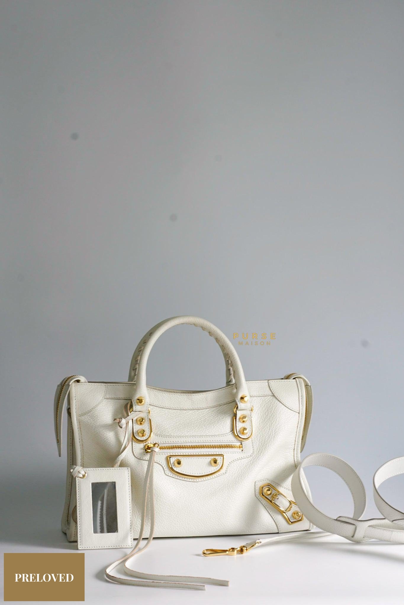 Balenciaga Small Metallic Edge White Goatskin Leather Gold Hardware